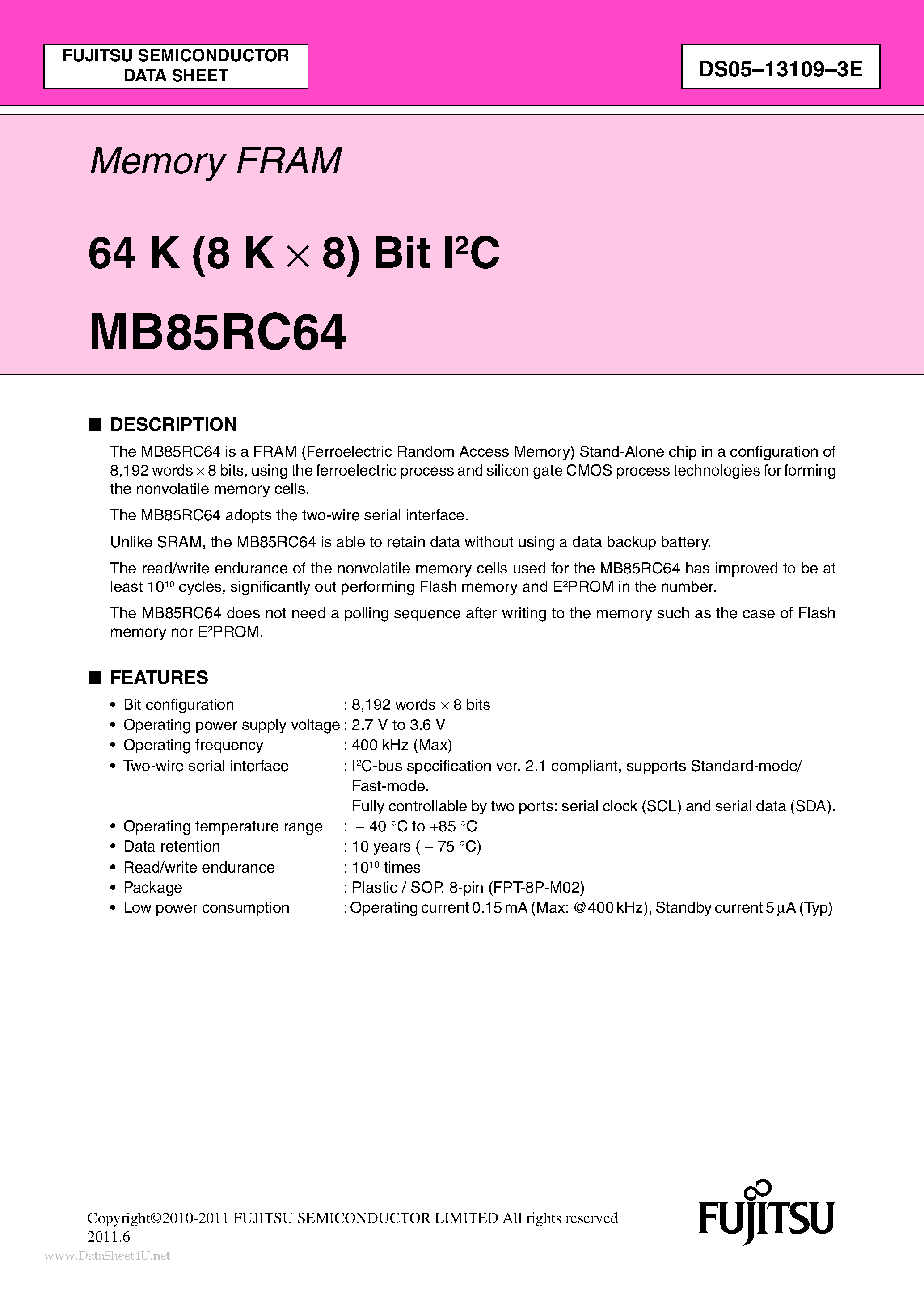 Datasheet MB85RC64 - 64 K (8 K x 8) Bit I2C page 1