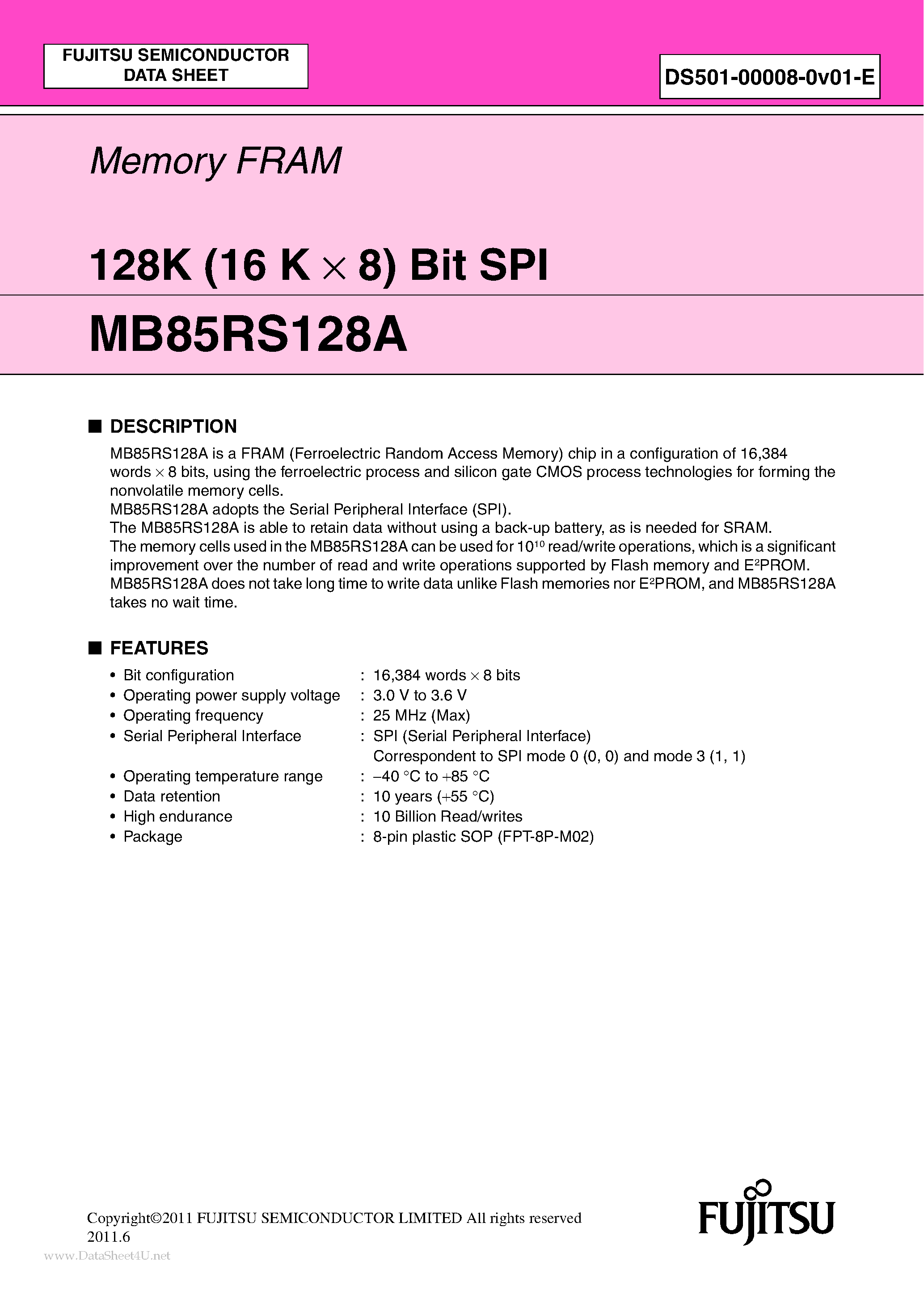 Даташит на микросхему MB85RS128A страница 1 Даташит MB85RS128A - 128K (16 K x 8) Bit SPI страница 1