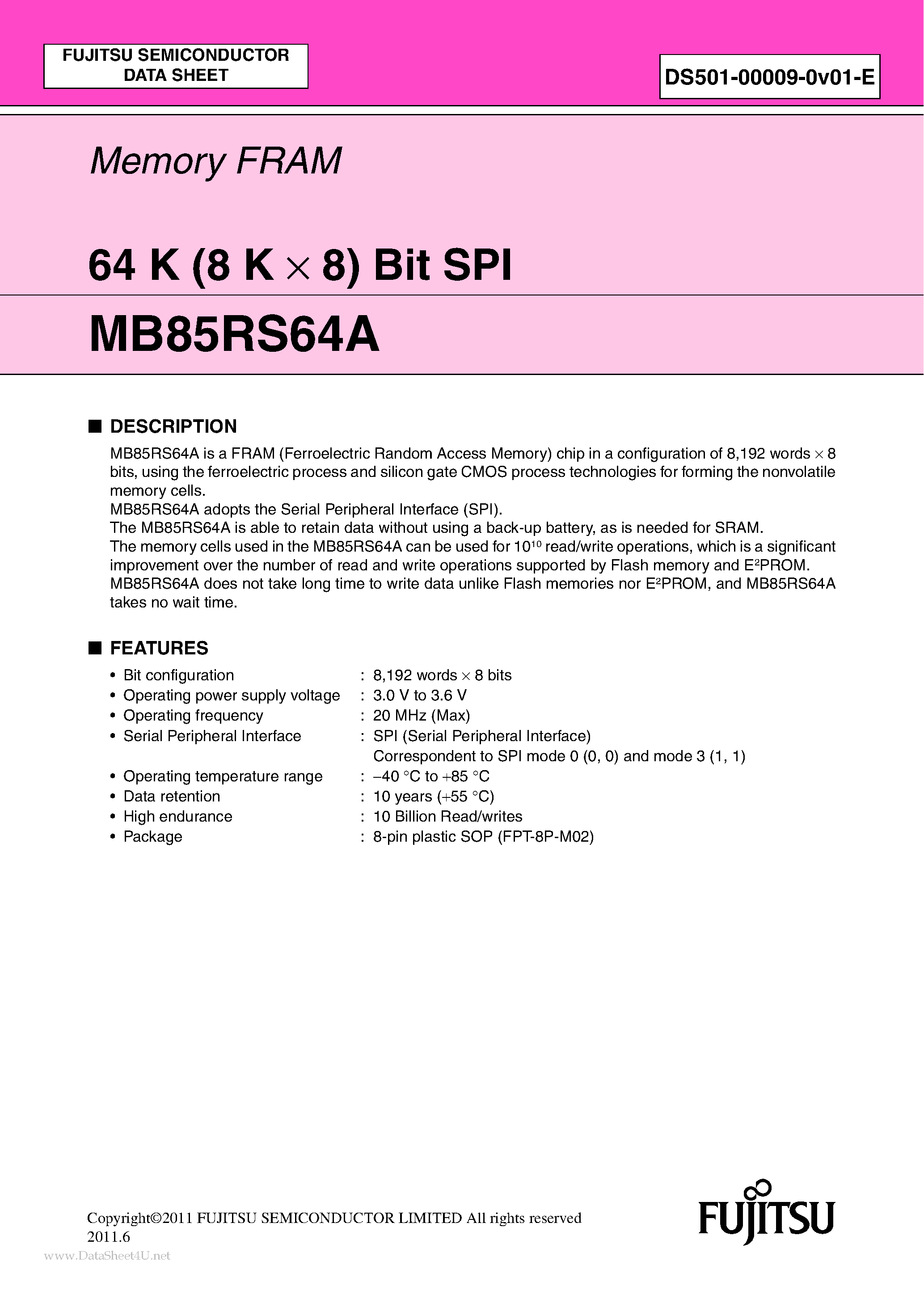 Даташит MB85RS64A - 64 K (8 K x 8) Bit SPI страница 1