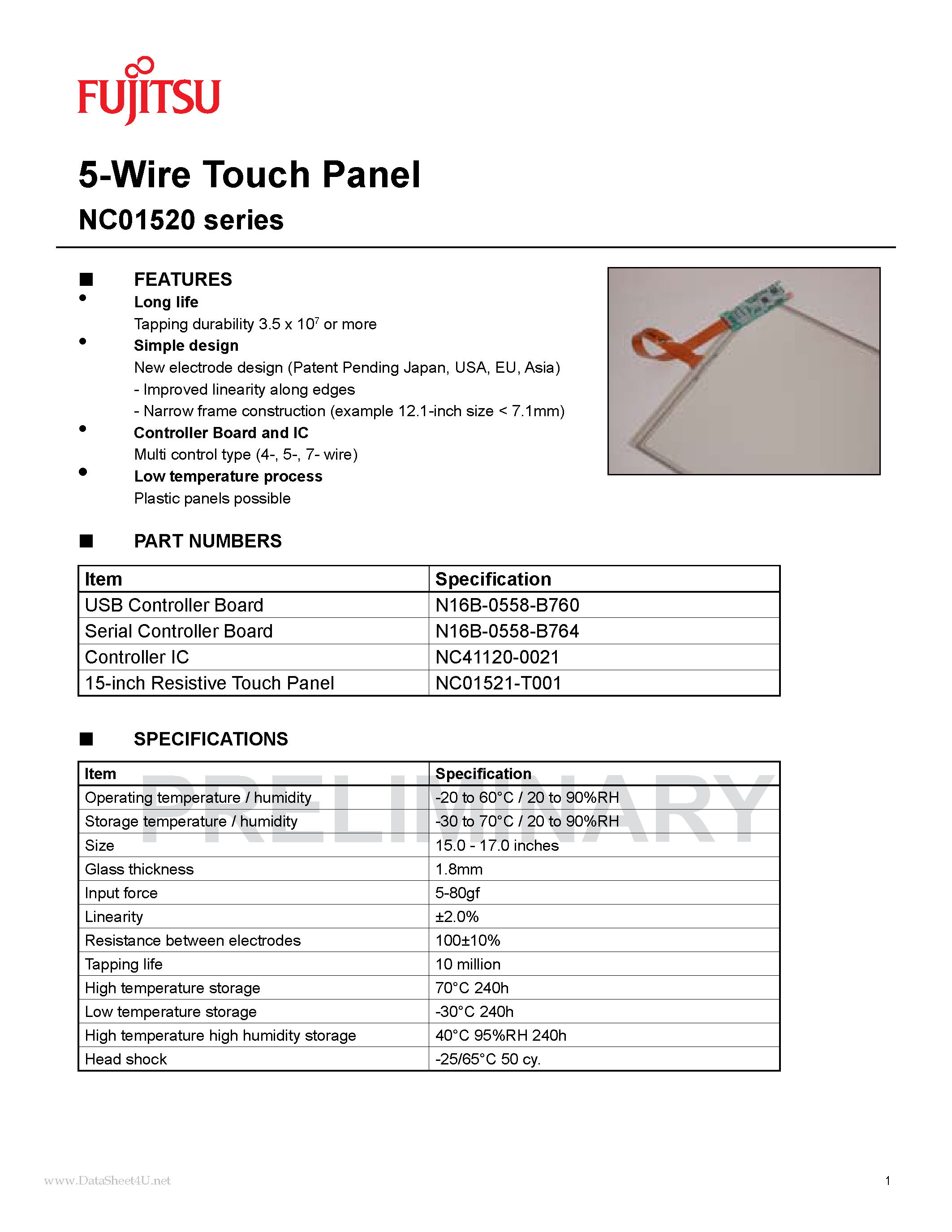 Datasheet NC01520 - 5-Wire Touch Panel page 1