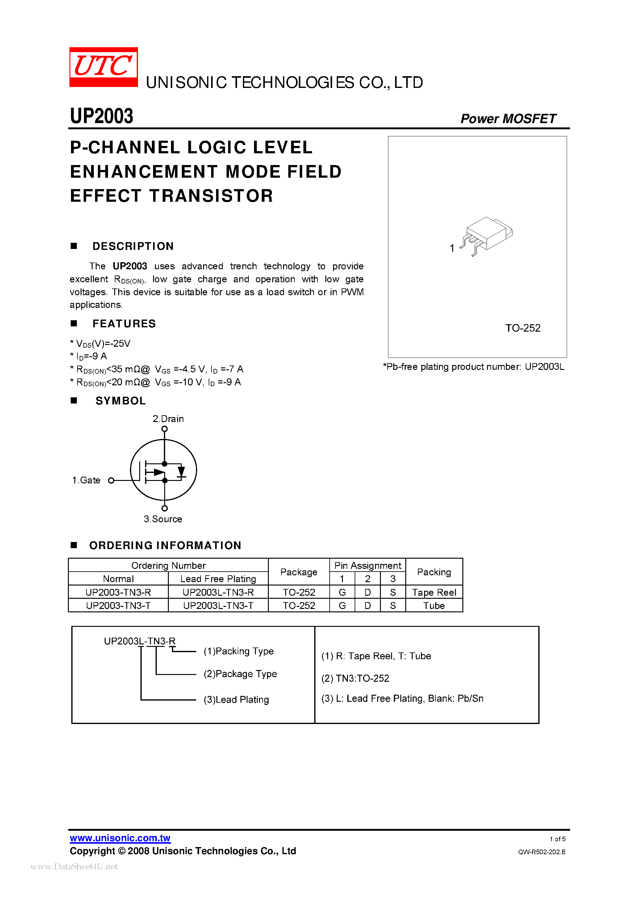 Datasheet UP2003 - P-CHANNEL LOGIC LEVEL ENHANCEMENT MODE FIELD EFFECT TRANSISTOR page 1