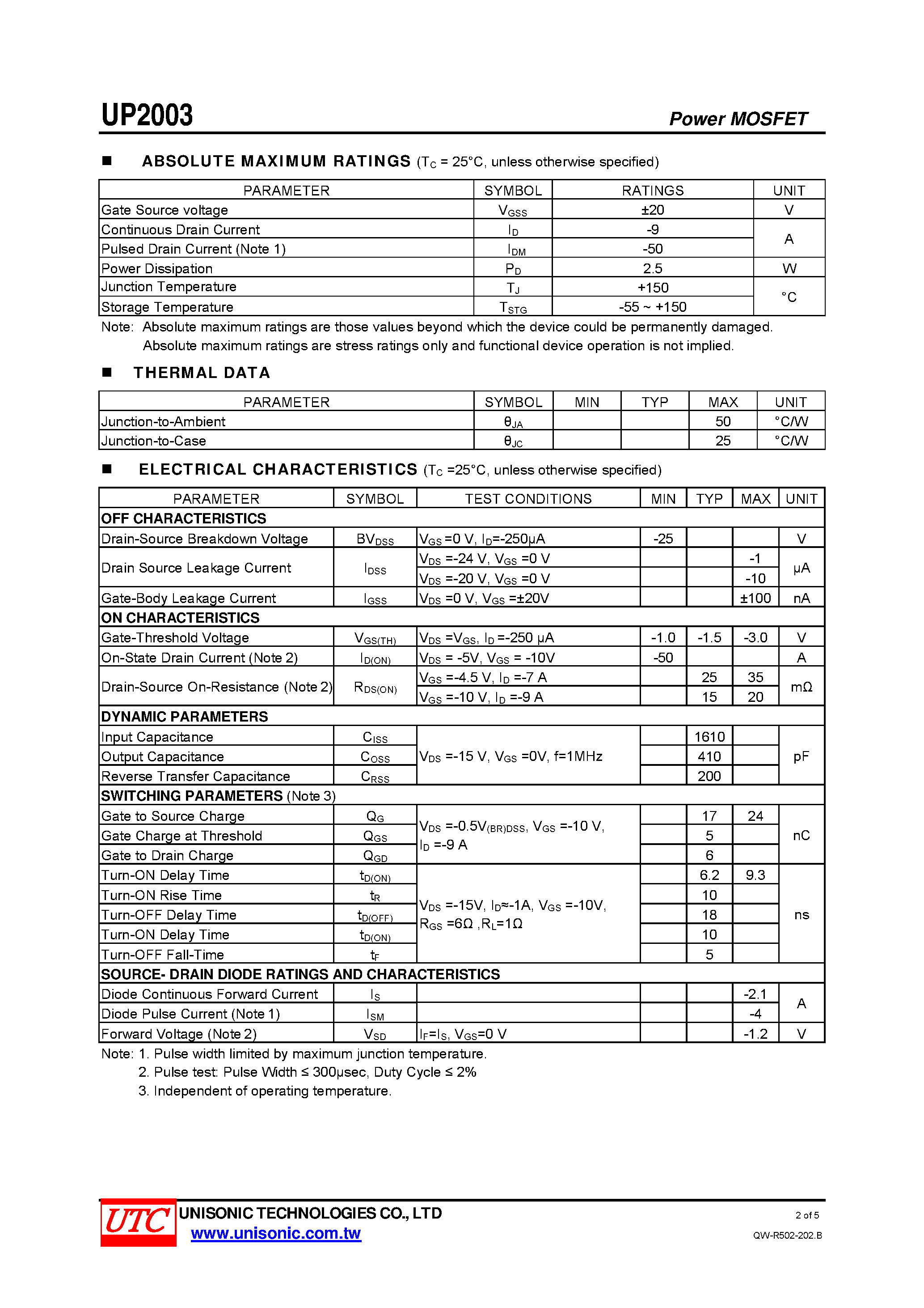 Datasheet UP2003 - P-CHANNEL LOGIC LEVEL ENHANCEMENT MODE FIELD EFFECT TRANSISTOR page 2