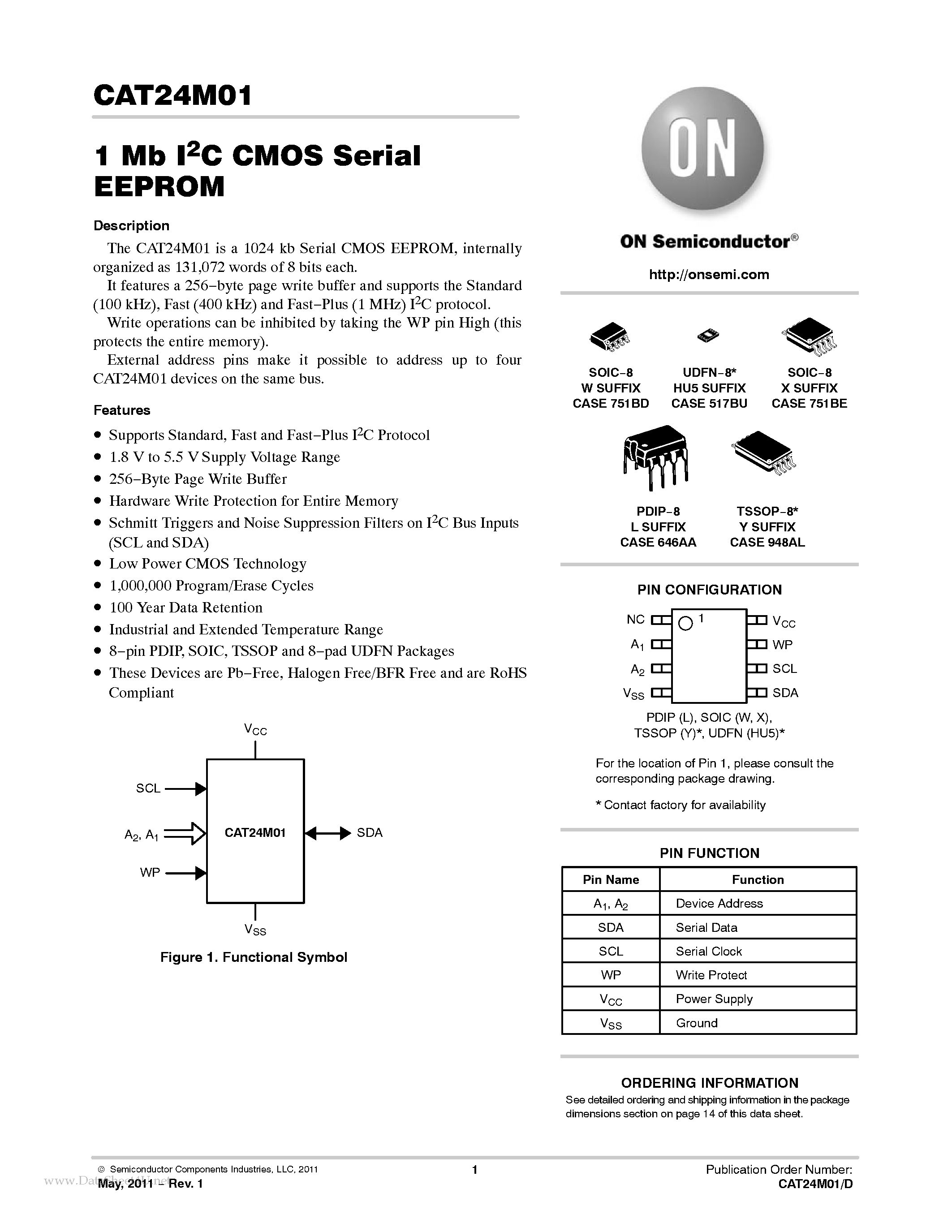Даташит на микросхему CAT24M01 страница 1 Даташит CAT24M01 - 1 Mb I2C CMOS Serial EEPROM страница 1