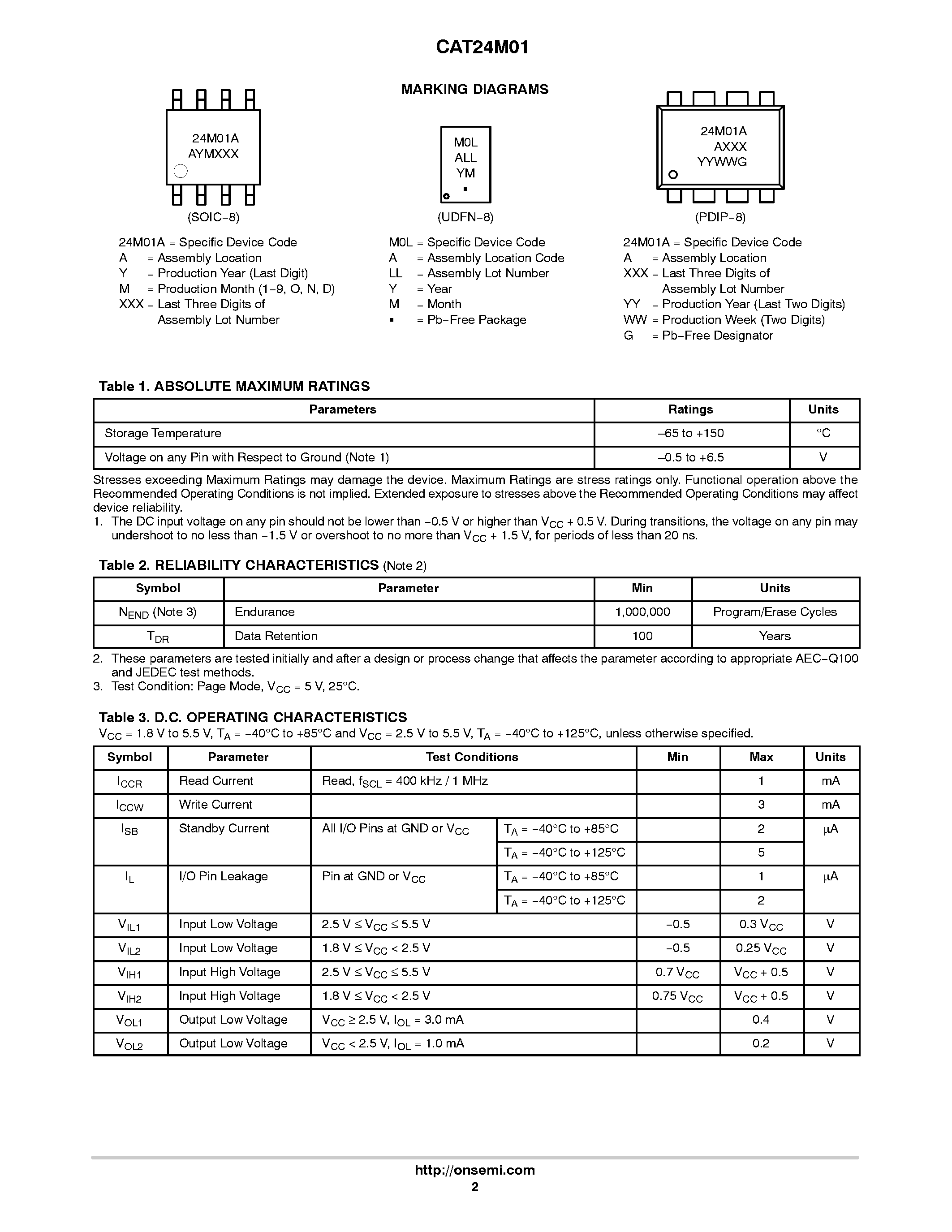 Даташит на микросхему CAT24M01 страница 2 Даташит CAT24M01 - 1 Mb I2C CMOS Serial EEPROM страница 2