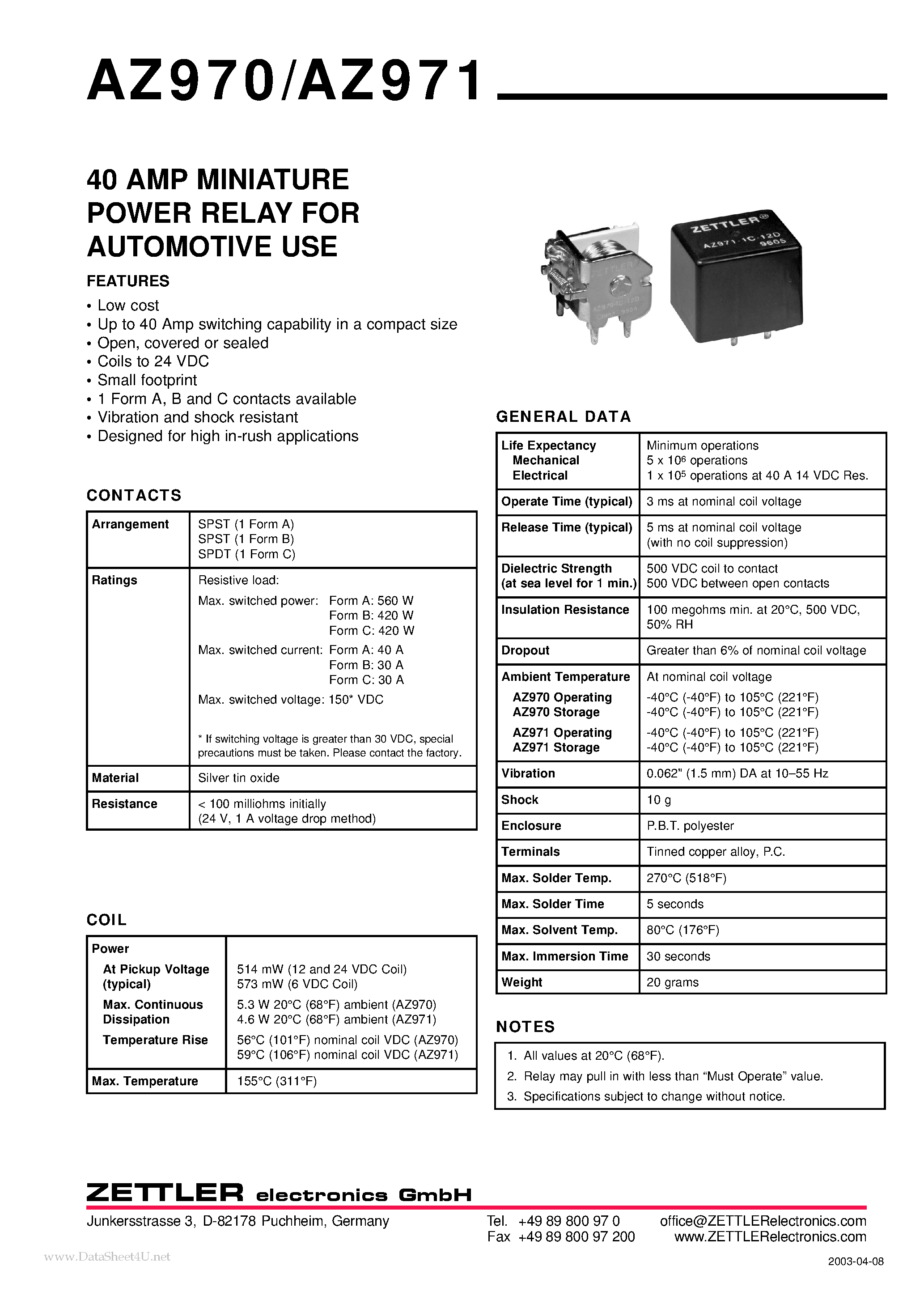 Даташит на микросхему AZ970 страница 1 Даташит AZ970 - (AZ970 / AZ971) 40 AMP MINIATURE POWER RELAY страница 1