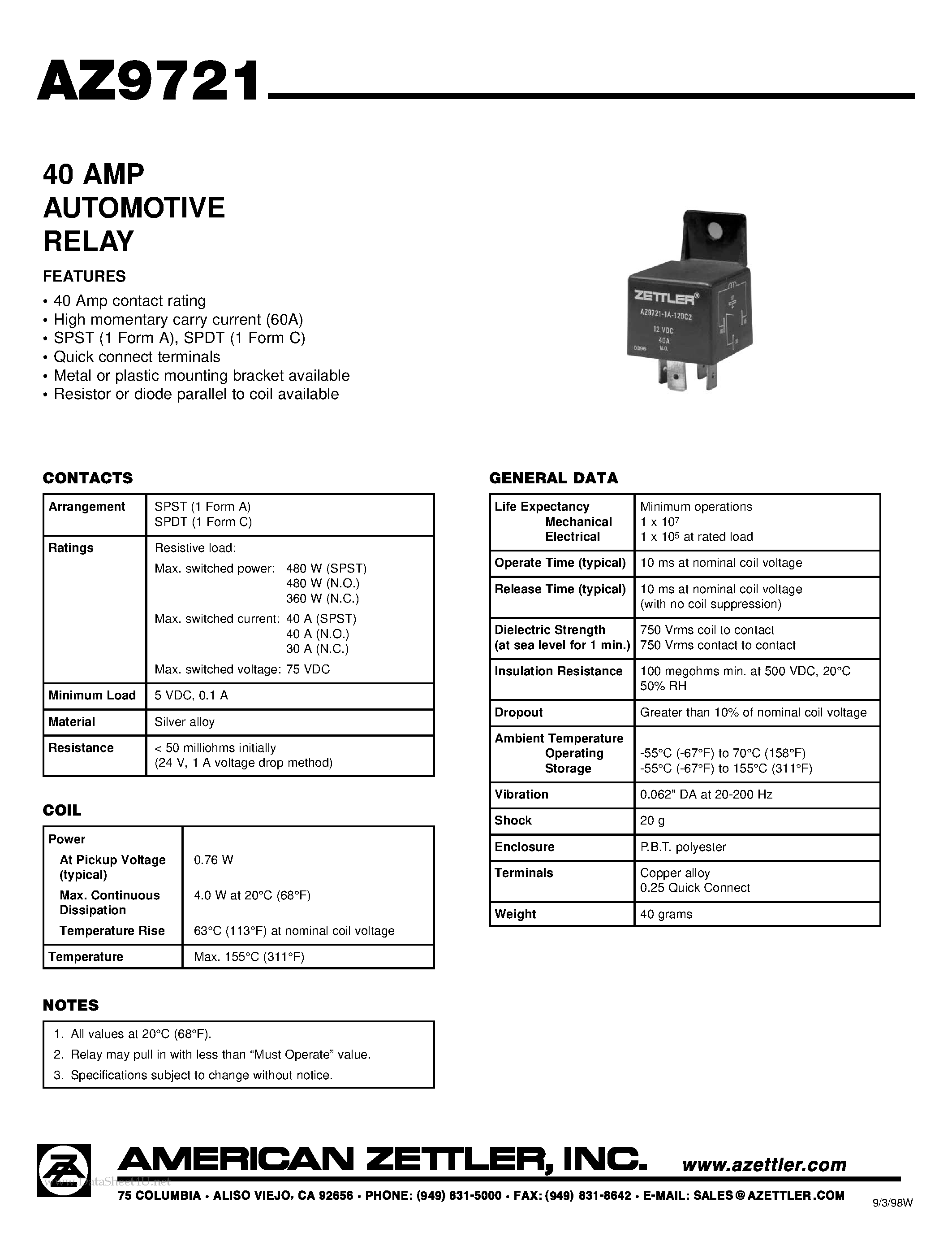 Даташит AZ9721 - 40 AMP AUTOMOTIVE RELAY страница 1