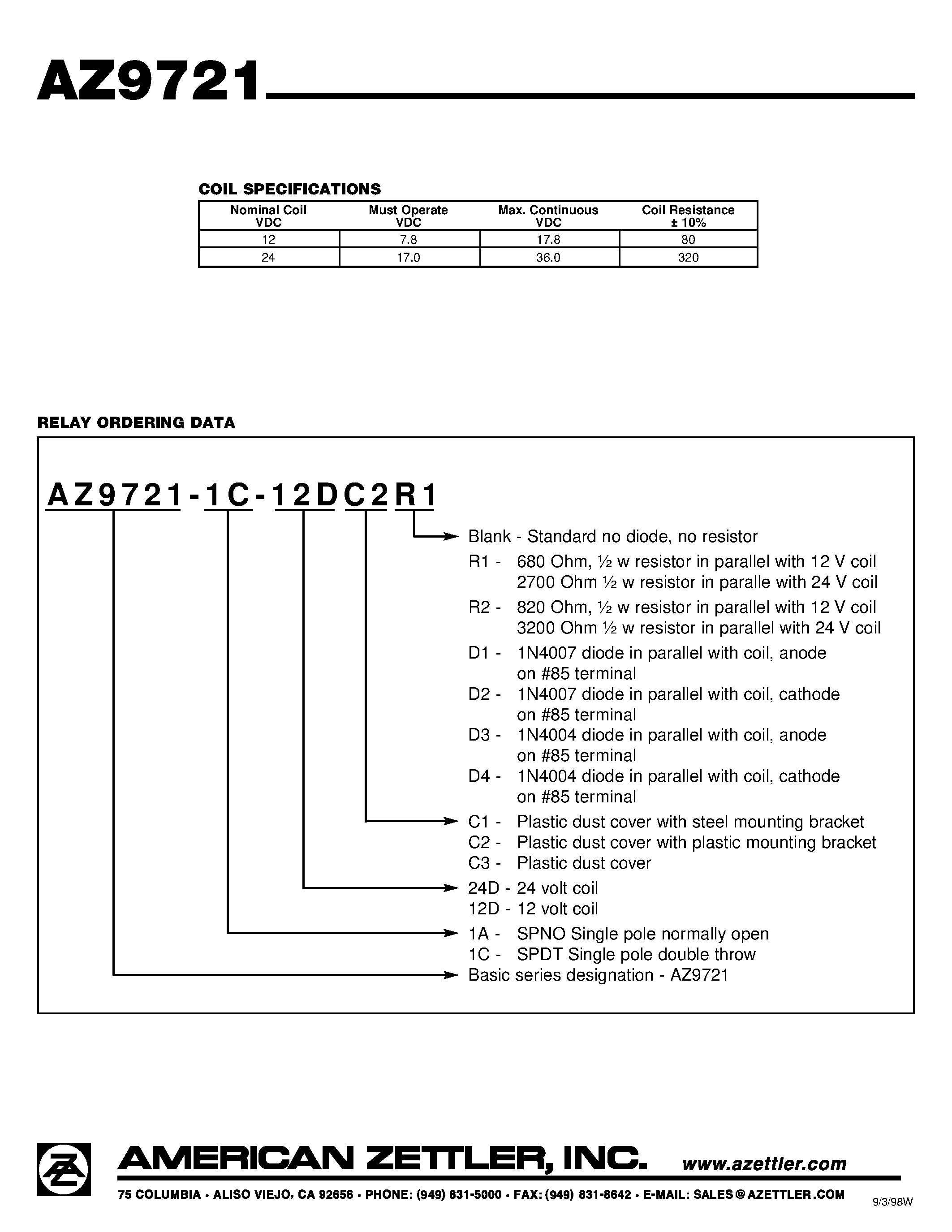 Даташит AZ9721 - 40 AMP AUTOMOTIVE RELAY страница 2