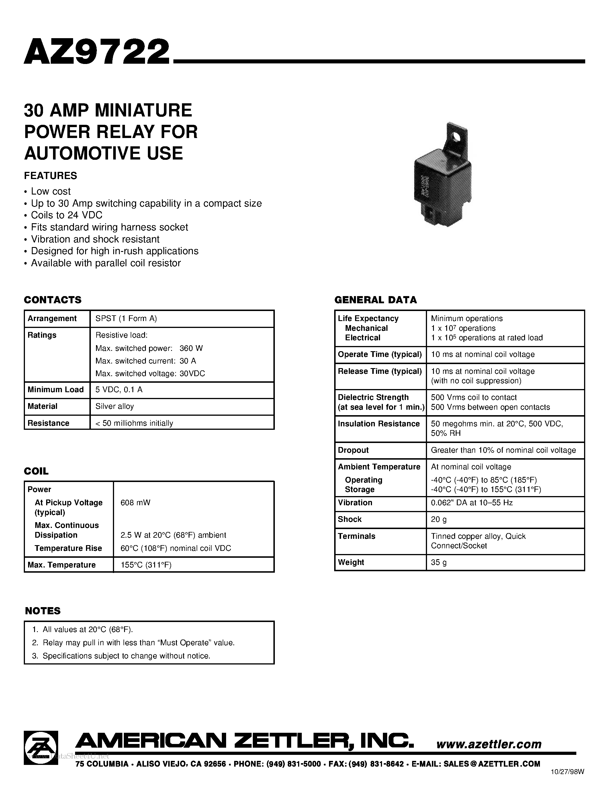 Даташит AZ9722 - 30 AMP MINIATURE POWER RELAY страница 1