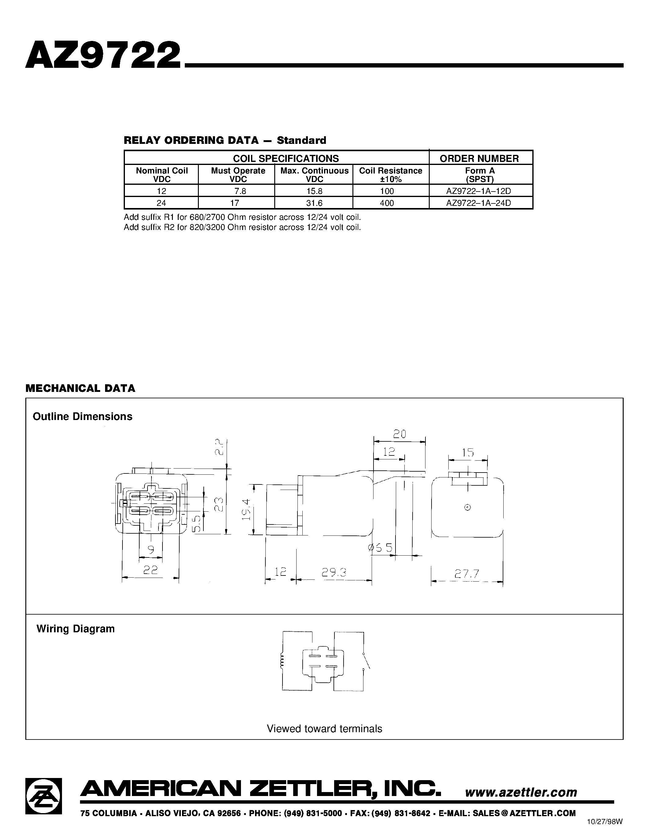 Даташит AZ9722 - 30 AMP MINIATURE POWER RELAY страница 2