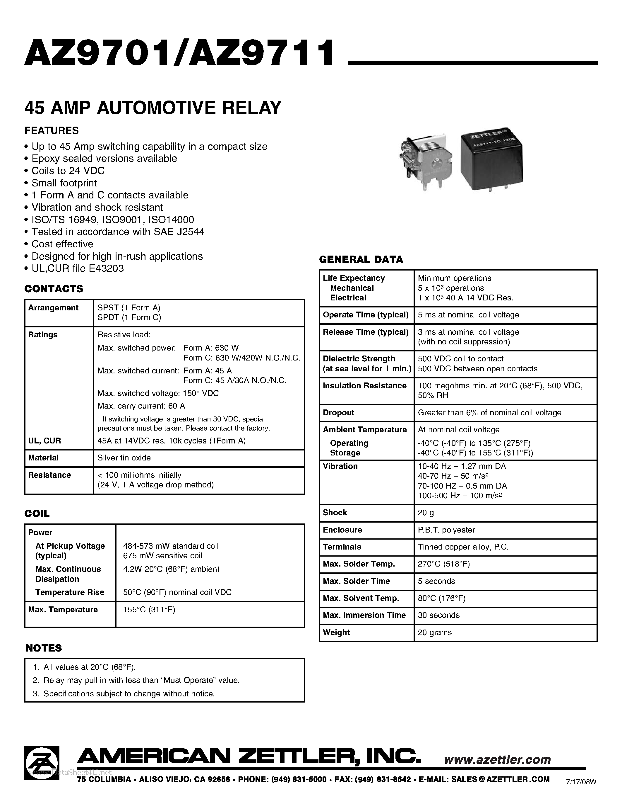 Даташит на микросхему AZ9701 страница 1 Даташит AZ9701 - (AZ9701 / AZ9711) 45 AMP AUTOMOTIVE RELAY страница 1