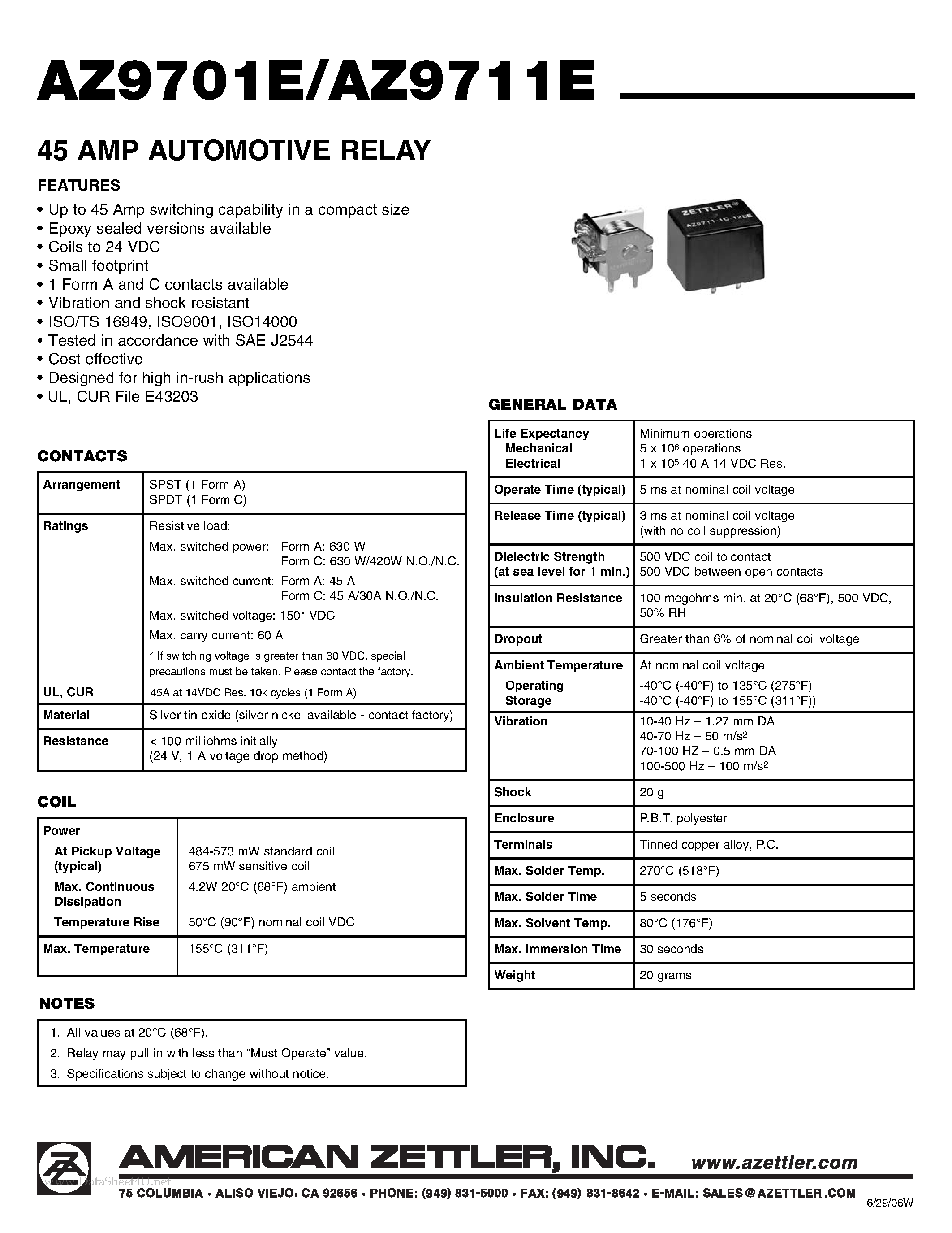 Даташит на микросхему AZ9701E страница 1 Даташит AZ9701E - (AZ9701E / AZ9711E) 45 AMP AUTOMOTIVE RELAY страница 1