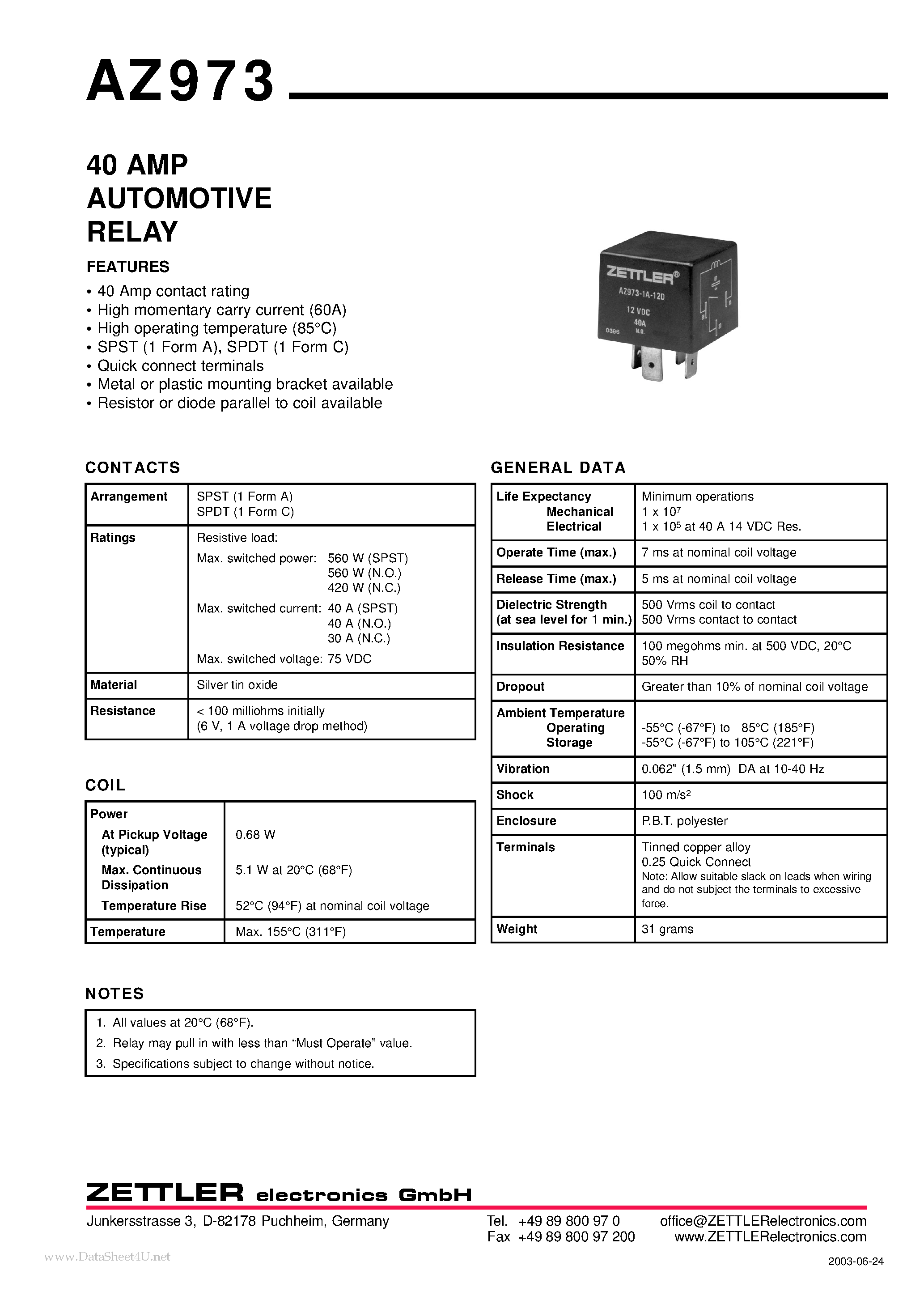 Даташит AZ973 - 40 AMP AUTOMOTIVE RELAY страница 1
