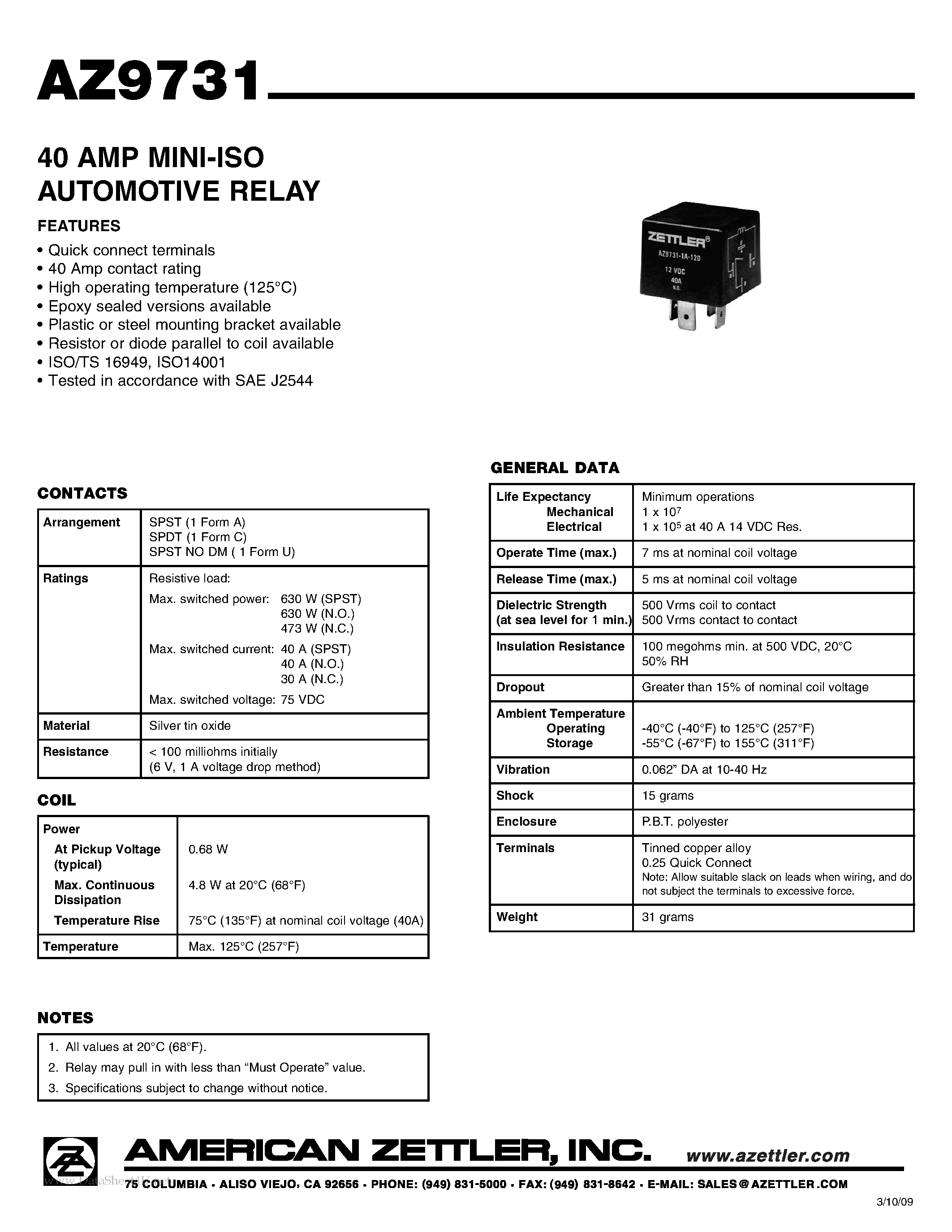 Даташит AZ9731 - 40 AMP MINI-ISO AUTOMOTIVE RELAY страница 1