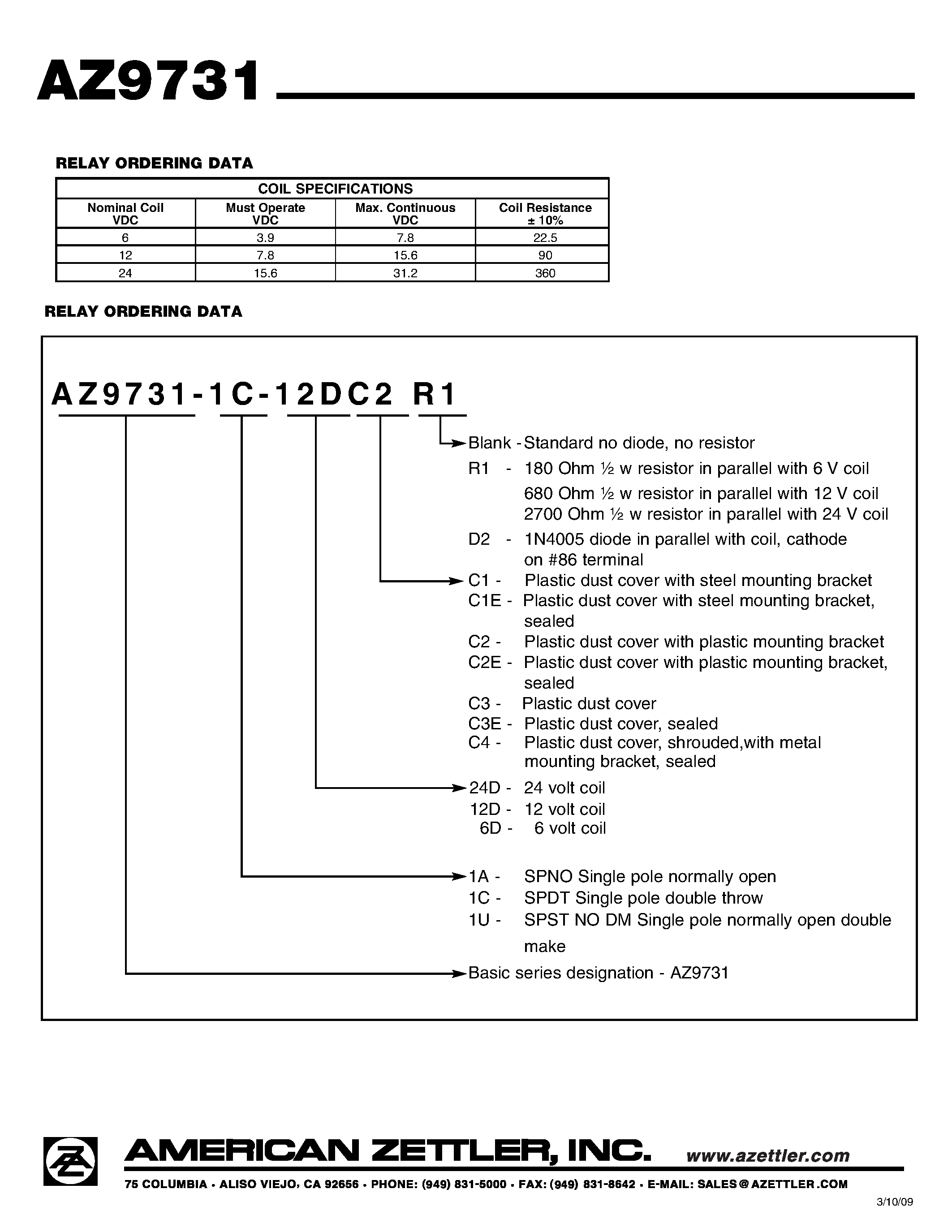 Даташит AZ9731 - 40 AMP MINI-ISO AUTOMOTIVE RELAY страница 2
