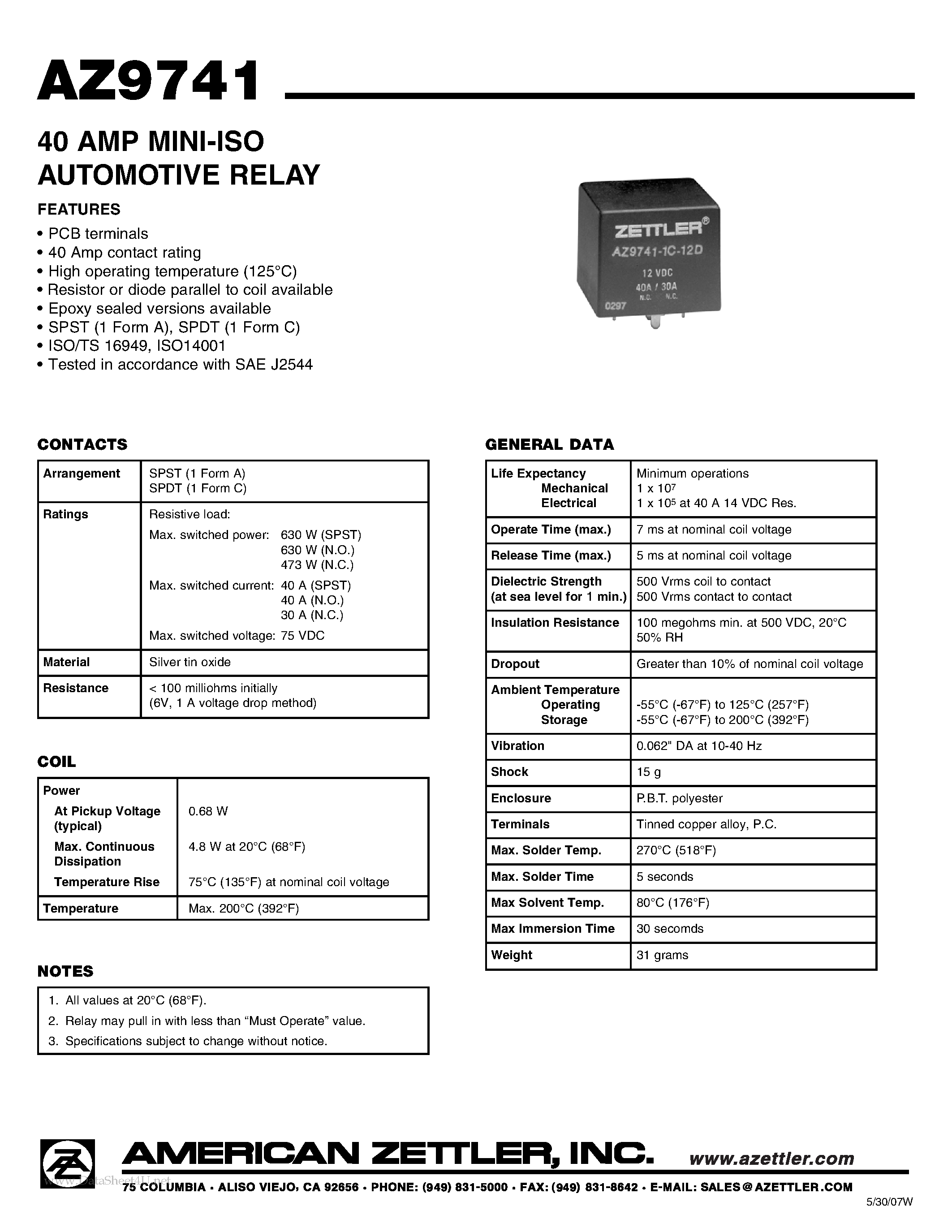 Даташит AZ9741 - 40 AMP MINI-ISO AUTOMOTIVE RELAY страница 1