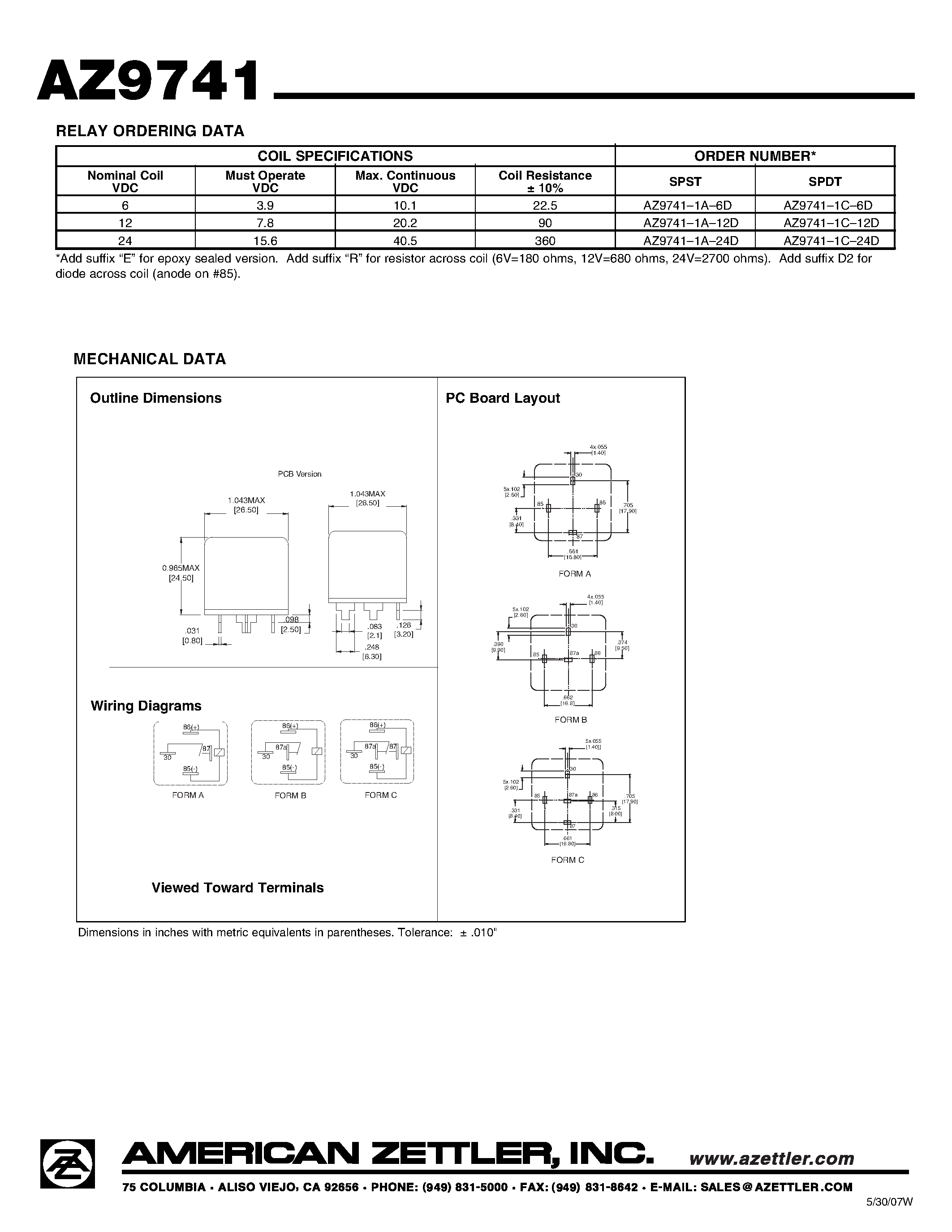 Даташит AZ9741 - 40 AMP MINI-ISO AUTOMOTIVE RELAY страница 2