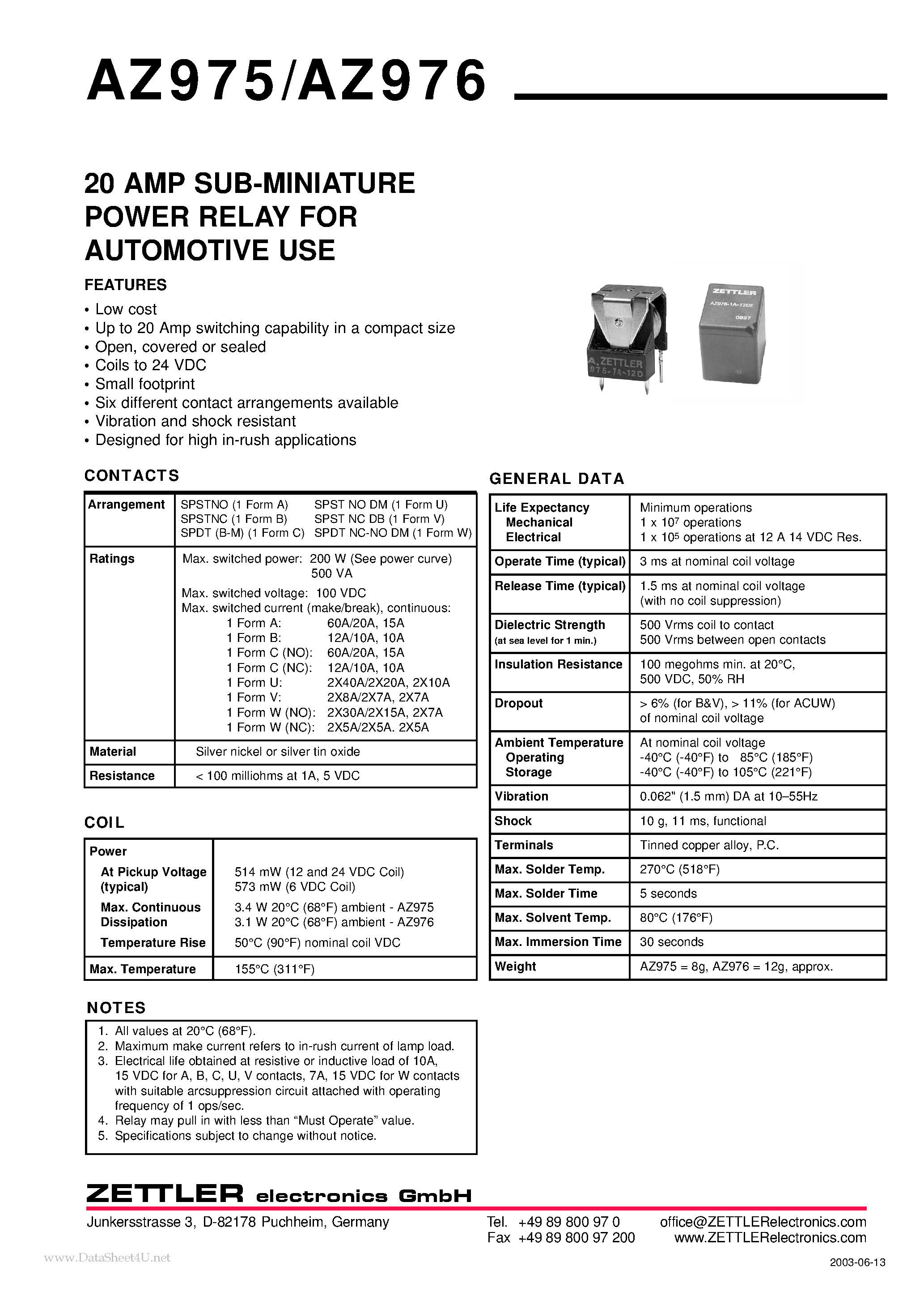 Даташит AZ975 - (AZ975 / AZ976) 20 AMP SUB-MINIATURE POWER RELAY страница 1