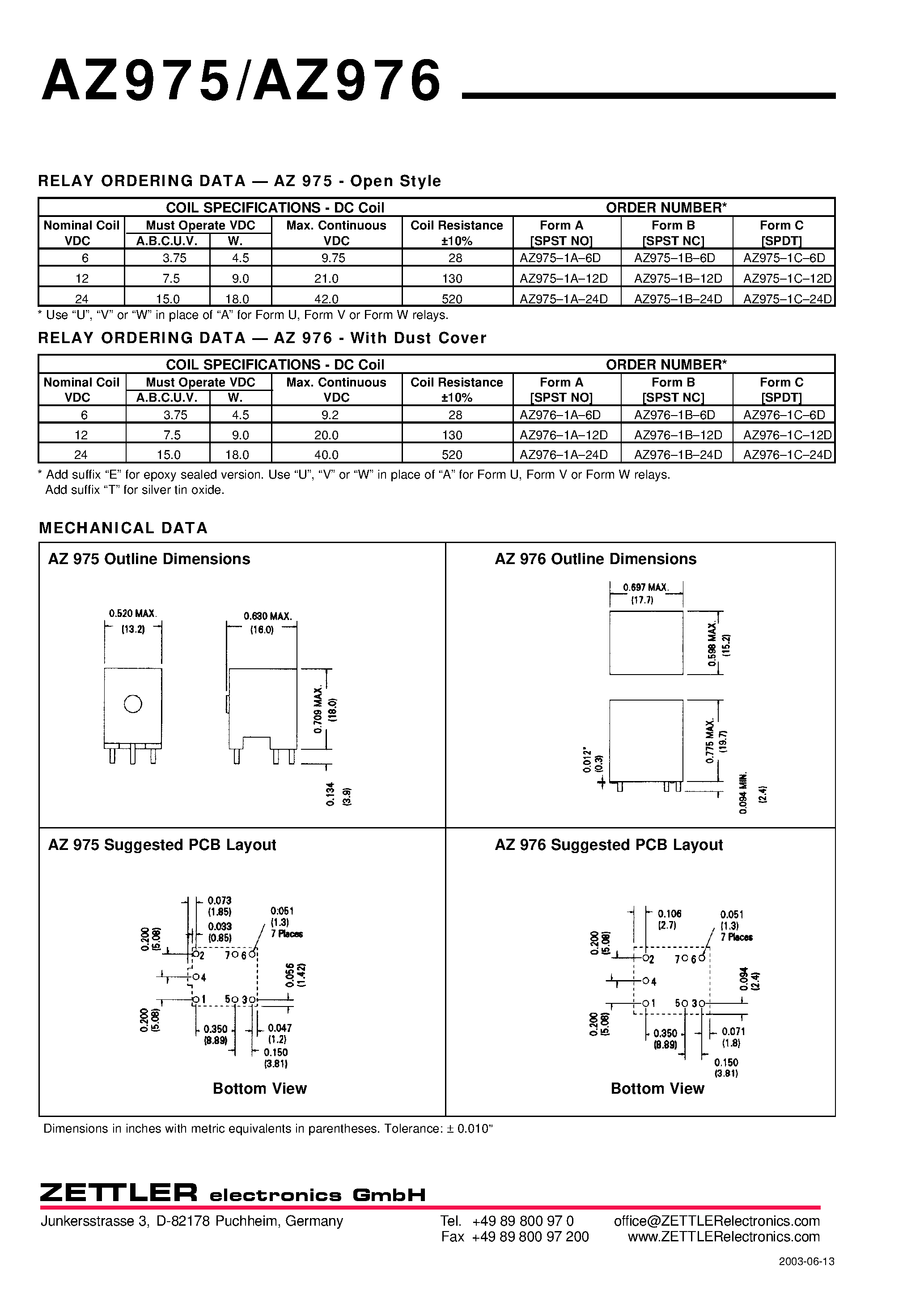 Даташит AZ975 - (AZ975 / AZ976) 20 AMP SUB-MINIATURE POWER RELAY страница 2