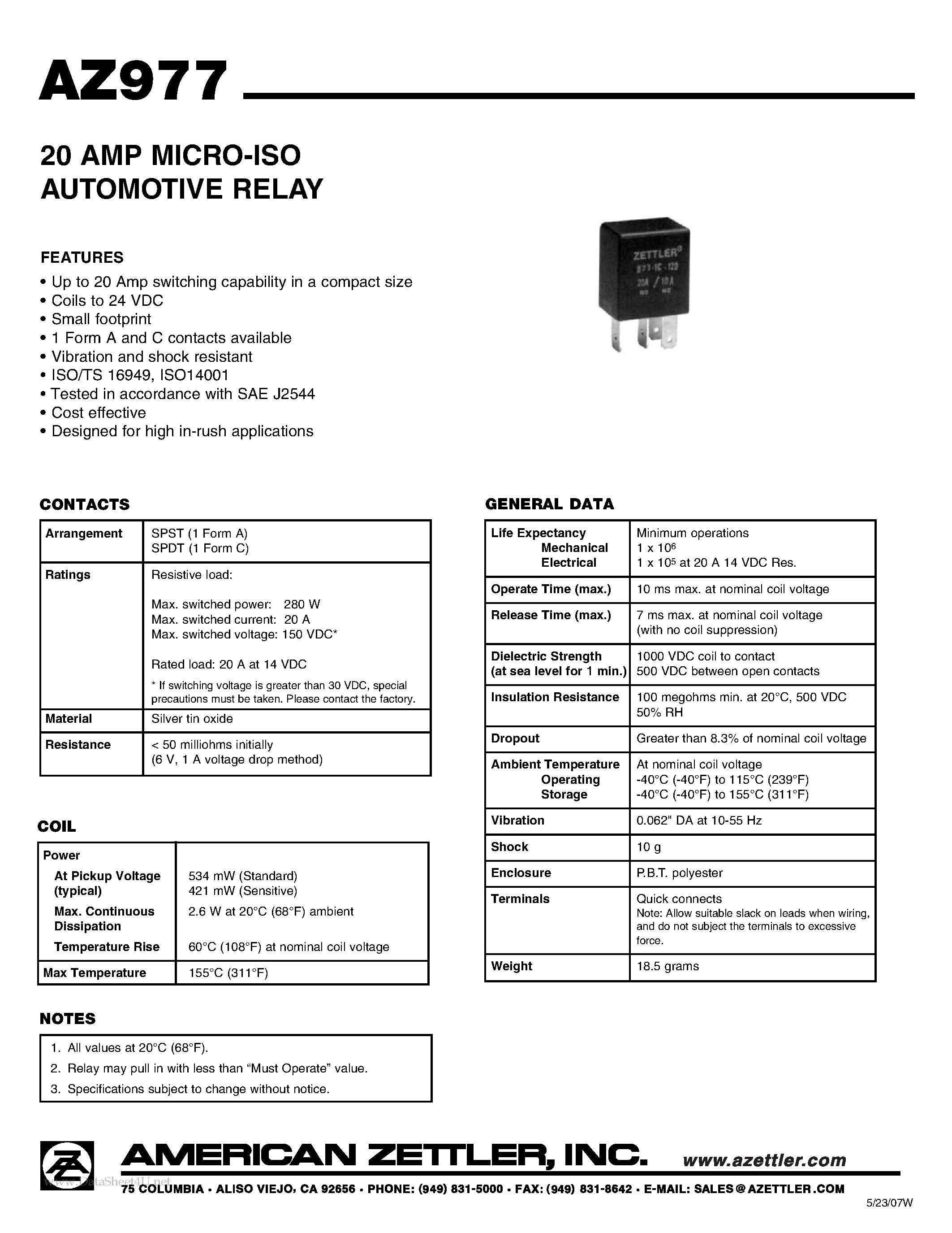 Даташит AZ977 - 20 AMP MICRO-ISO AUTOMOTIVE RELAY страница 1