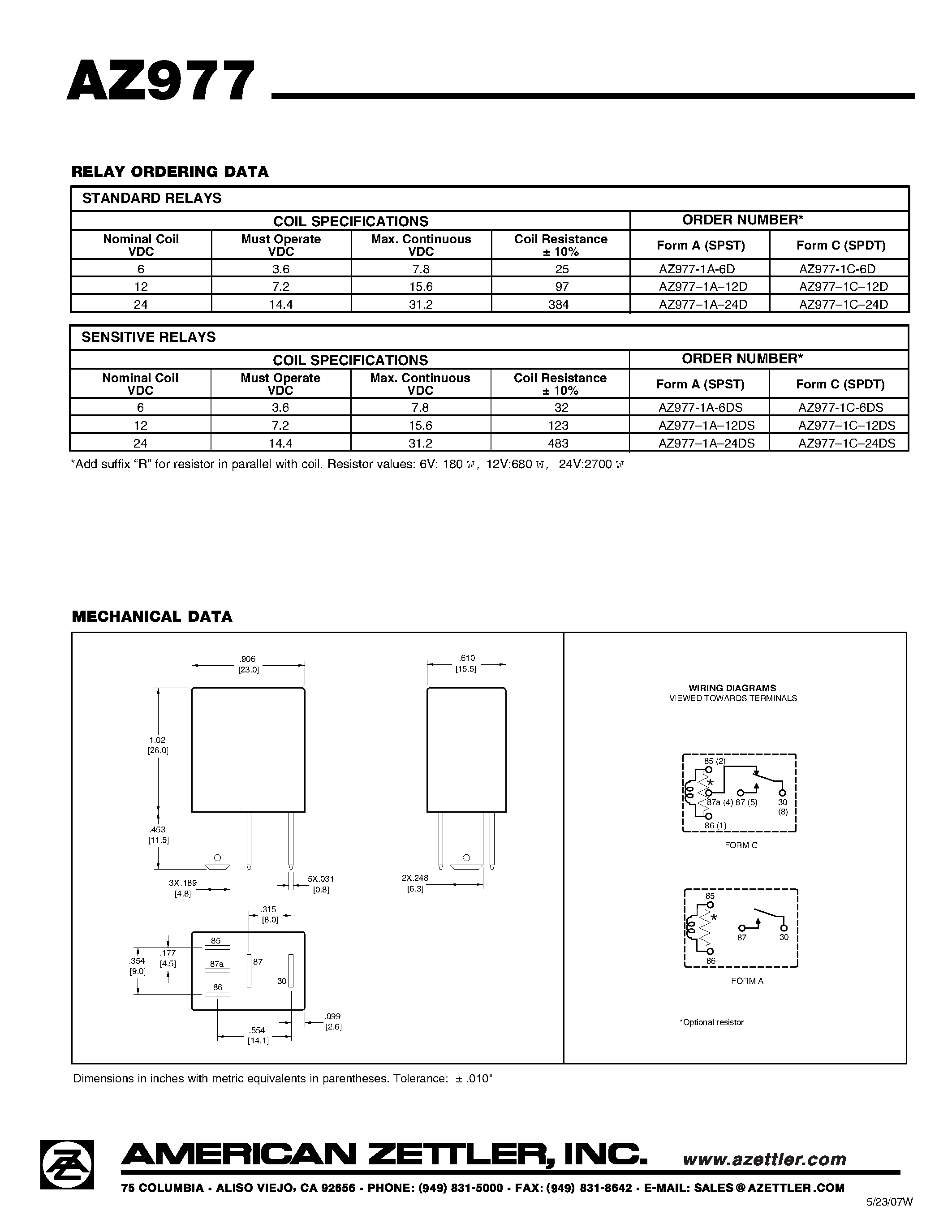 Даташит AZ977 - 20 AMP MICRO-ISO AUTOMOTIVE RELAY страница 2