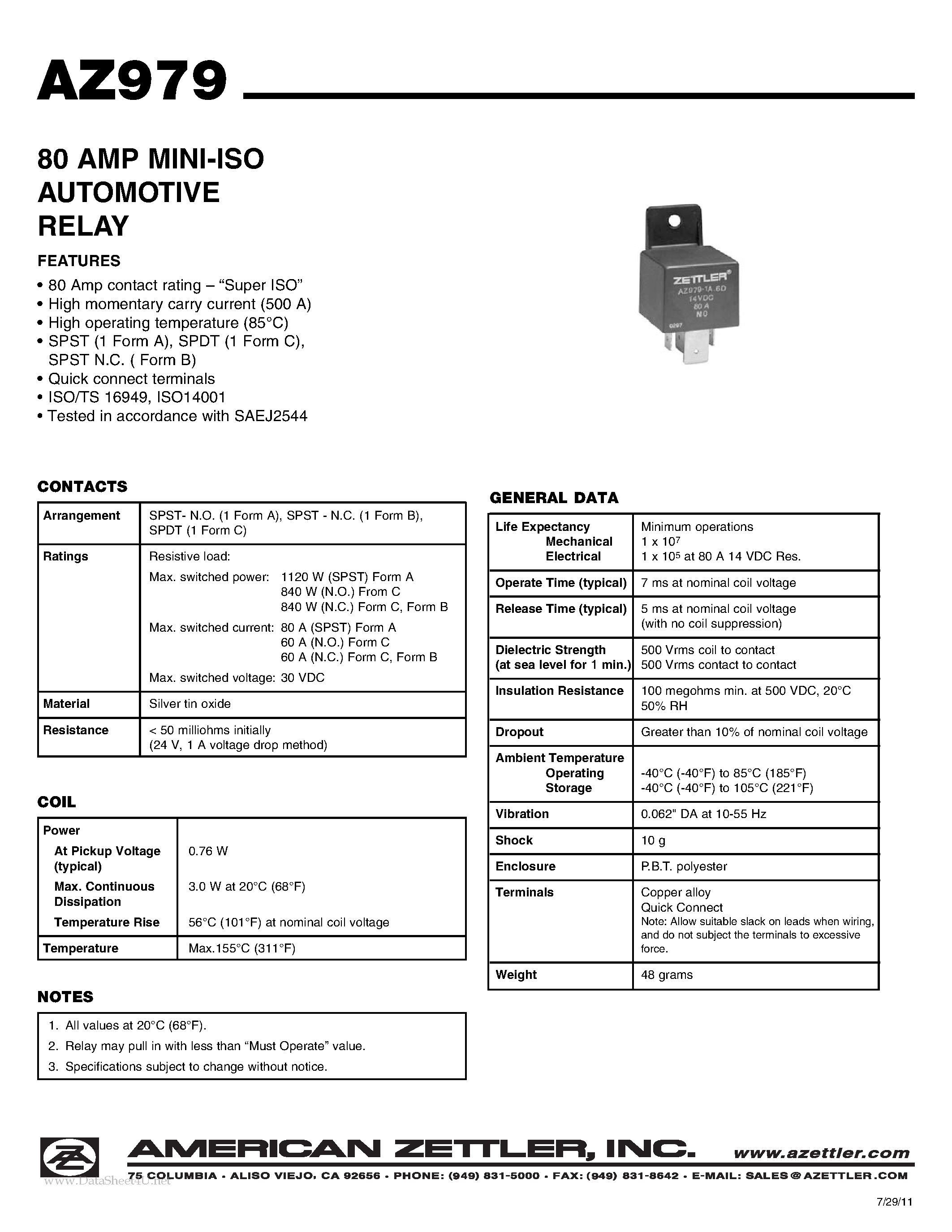 Даташит AZ979 - 80 AMP AUTOMOTIVE RELAY страница 1