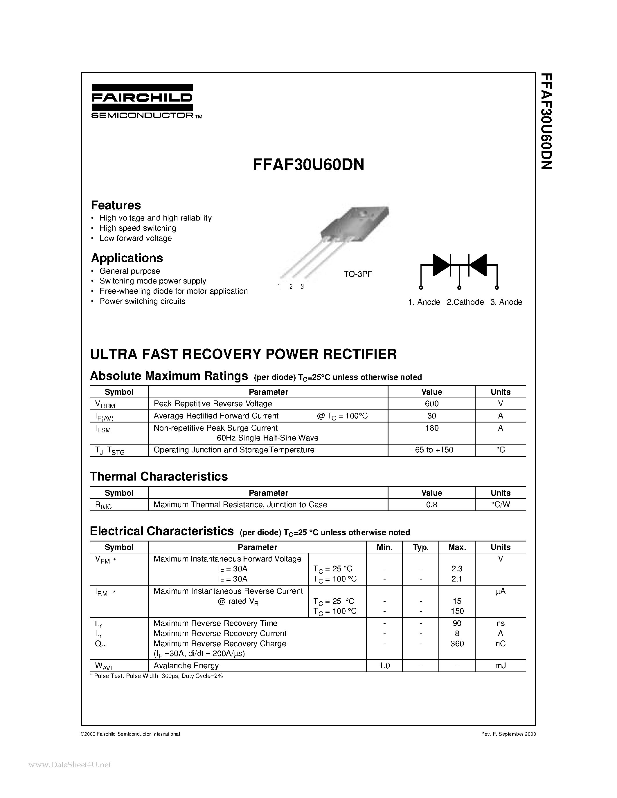 Datasheet F30U60DN - Search -----> FFAF30U60DN page 1