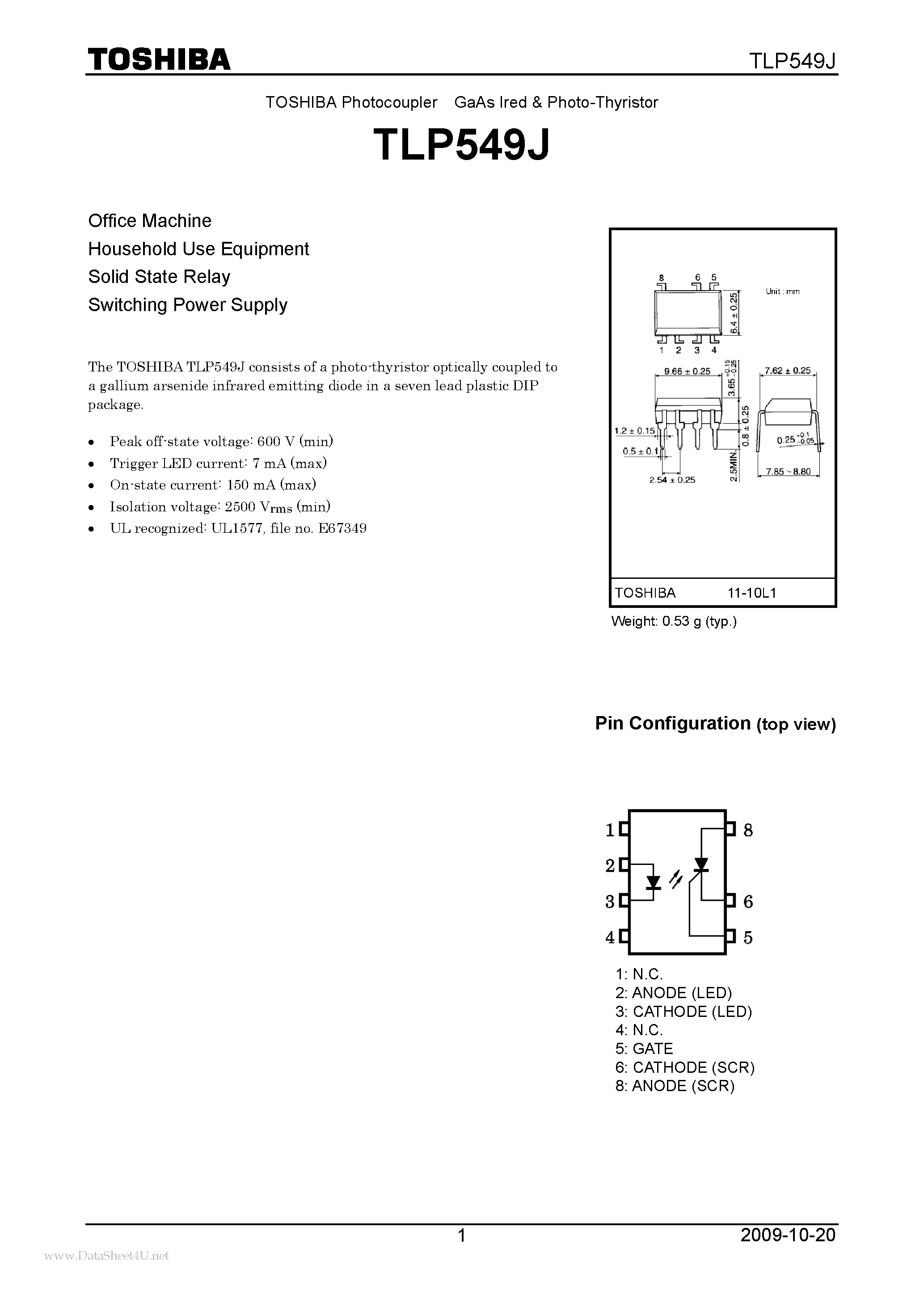 Даташит TLP549J - Photocoupler GaAs Ired & Photo-Thyristor страница 1
