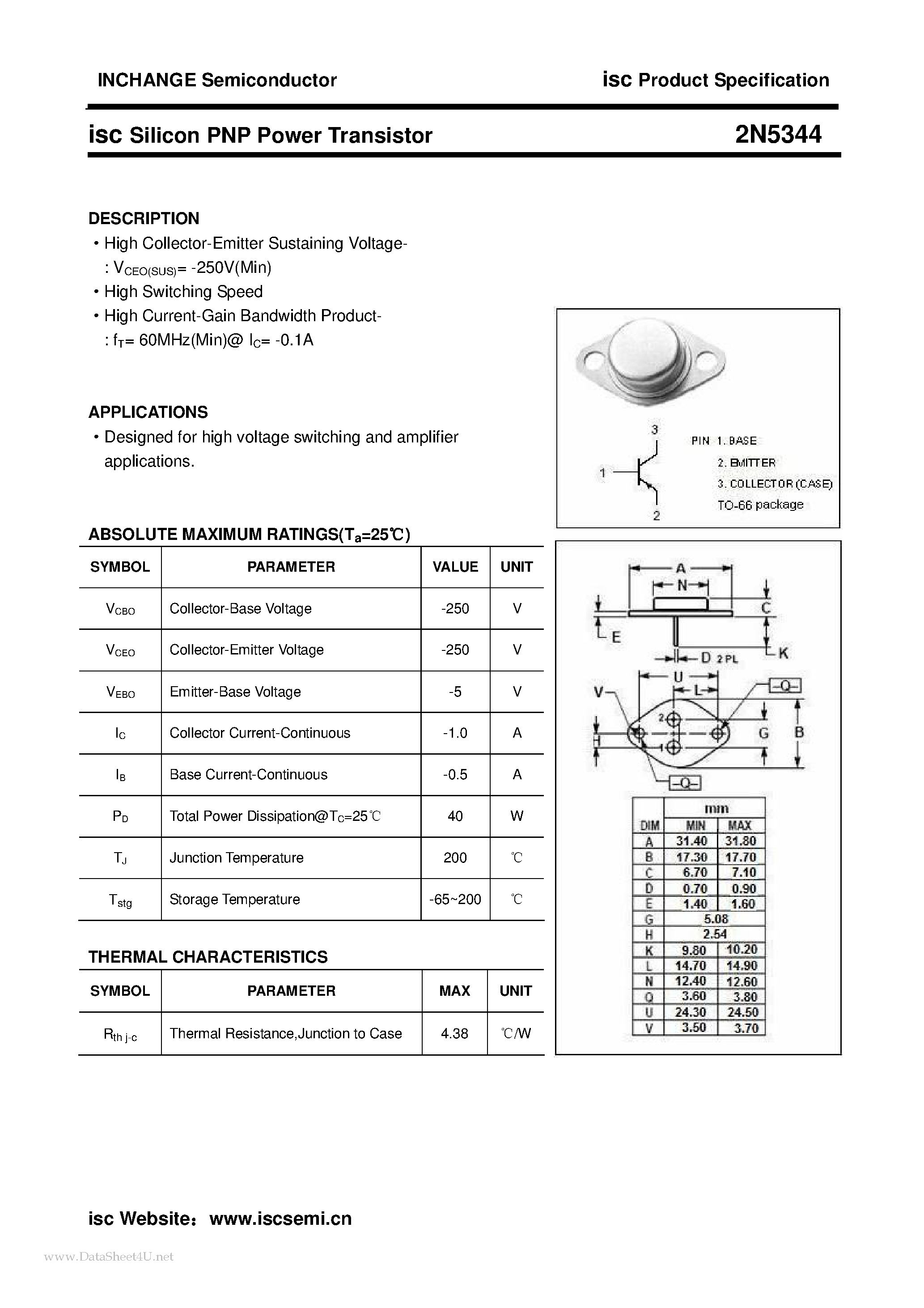 Datasheet 2N5344 - Silicon PNP Power Transistor page 1