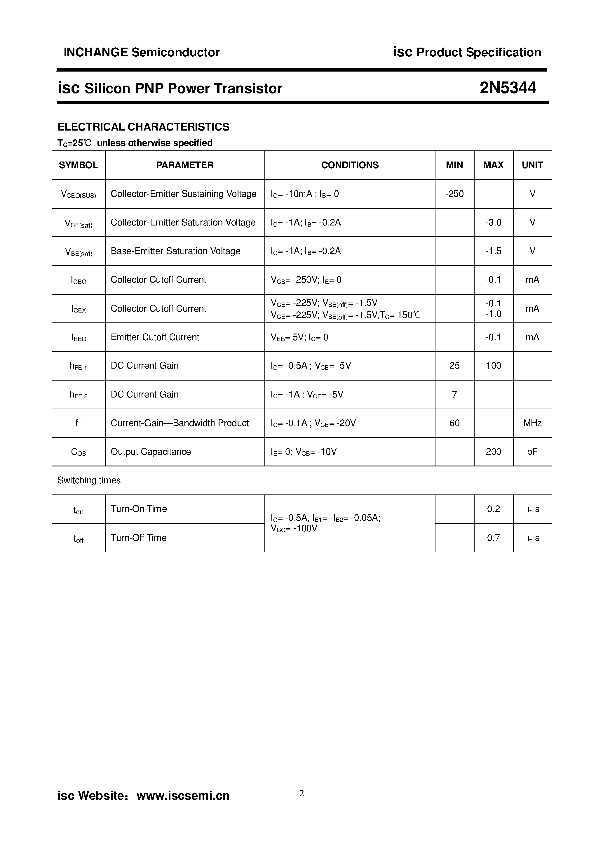 Datasheet 2N5344 - Silicon PNP Power Transistor page 2