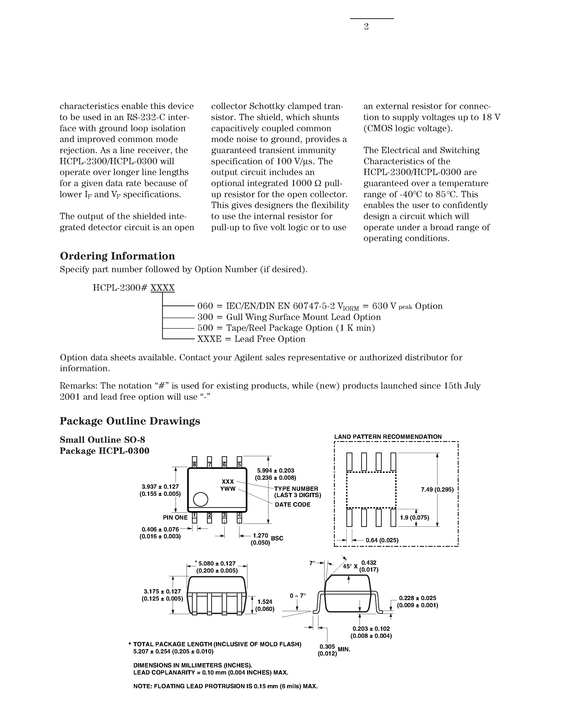 Datasheet HCPL-0300 - (HCPL-0300 / HCPL-2300) 8 MBd Low Input Current Optocoupler page 2