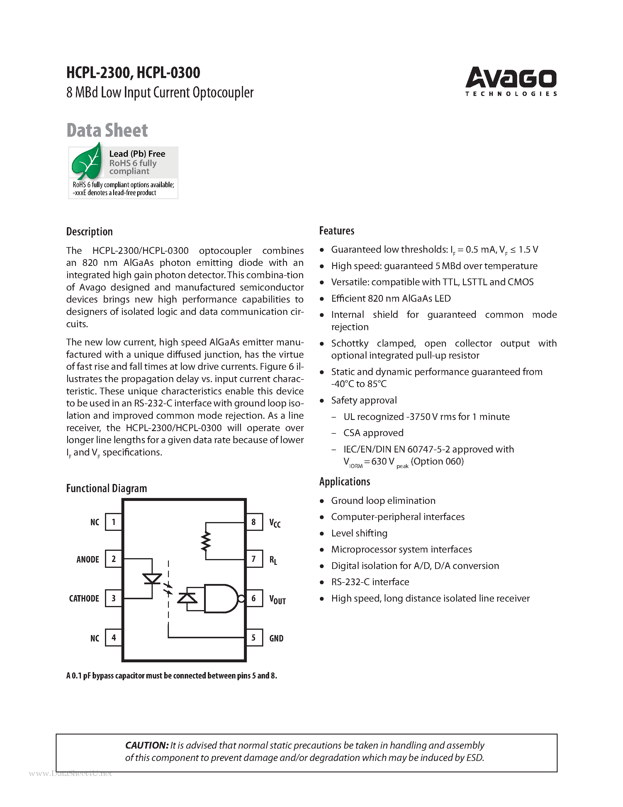 Даташит HCPL-0300 - (HCPL-0300 / HCPL-2300) 8 MBd Low Input Current Optocoupler страница 1