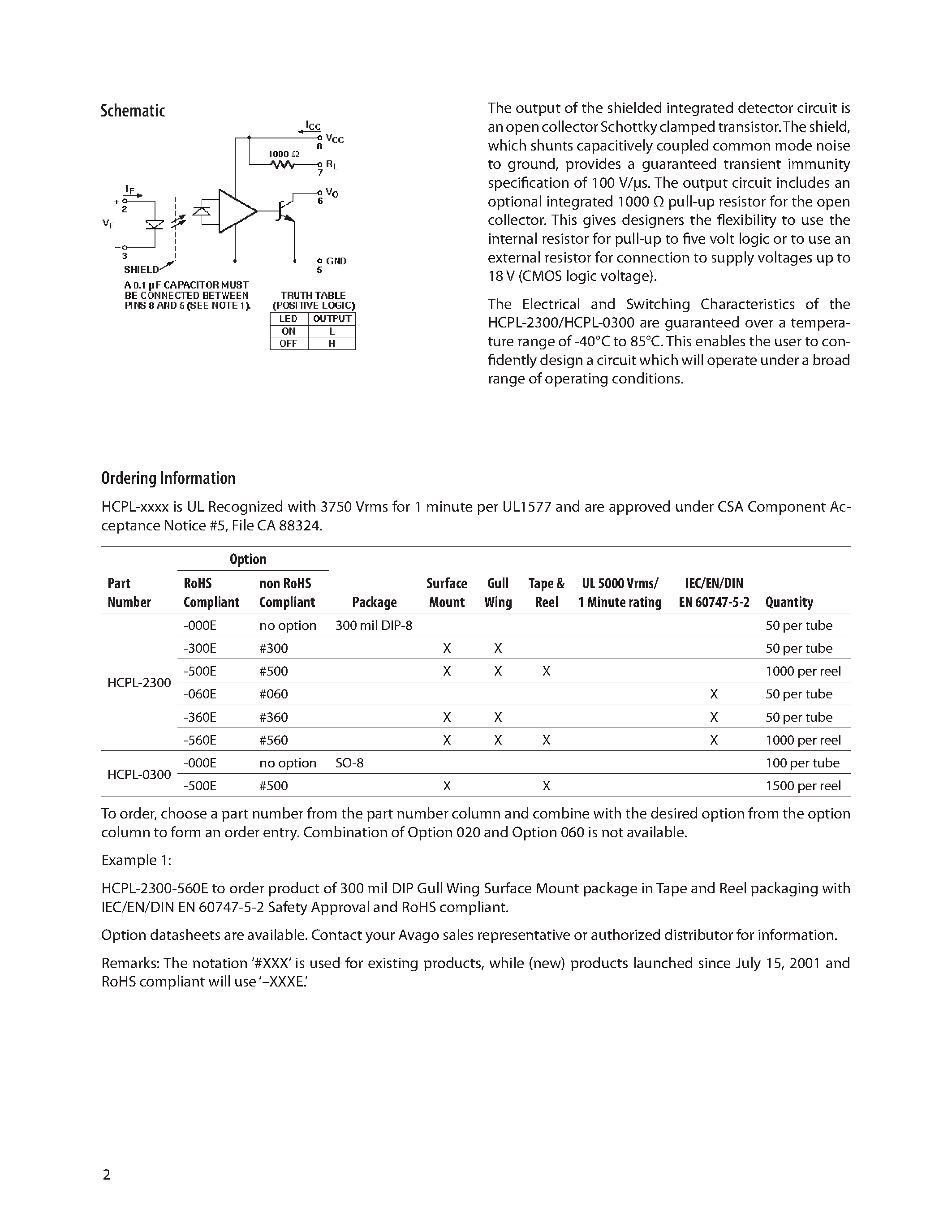 Datasheet HCPL-0300 - (HCPL-0300 / HCPL-2300) 8 MBd Low Input Current Optocoupler page 2