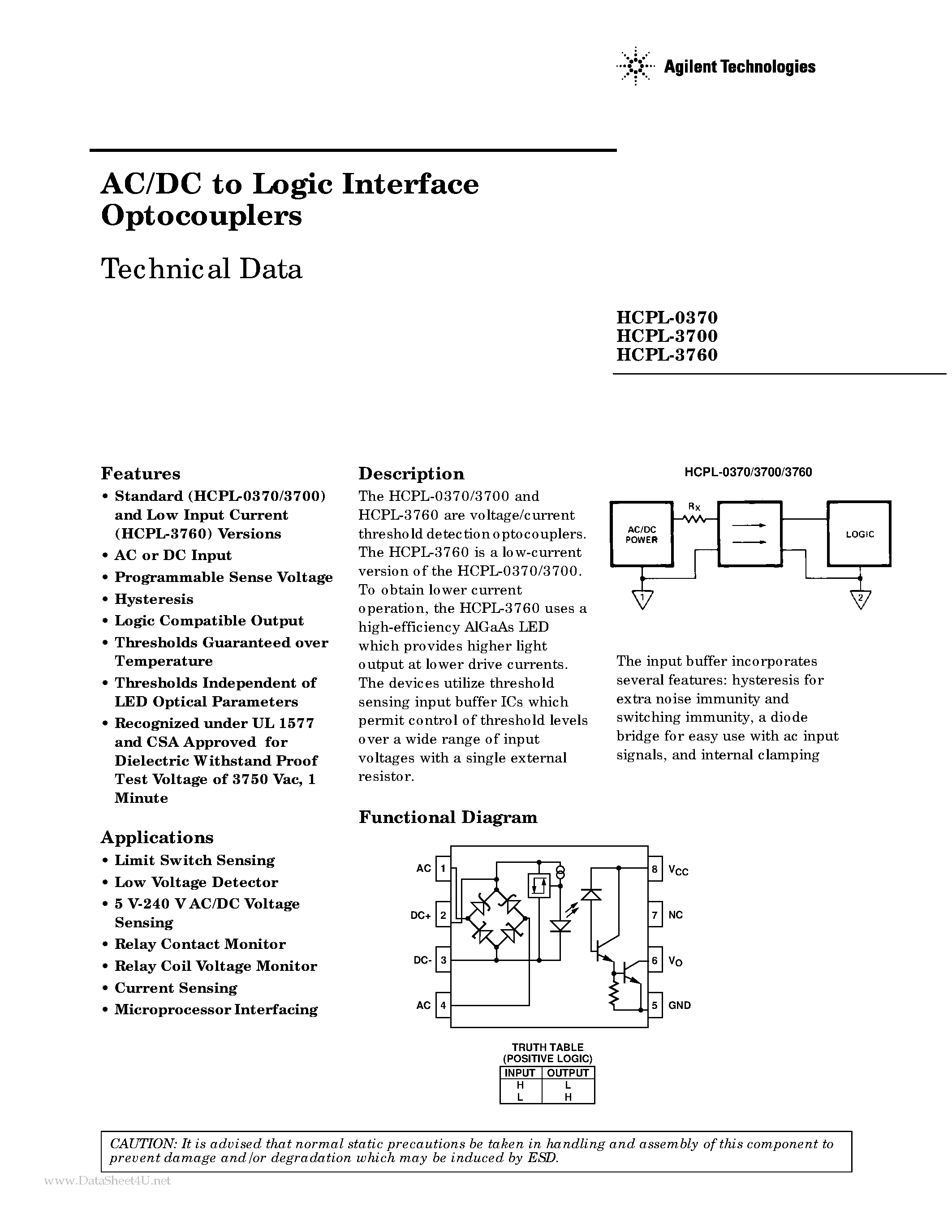 Даташит HCPL-0370 - (HCPL-xxx0) AC/DC to Logic Interface Optocouplers страница 1