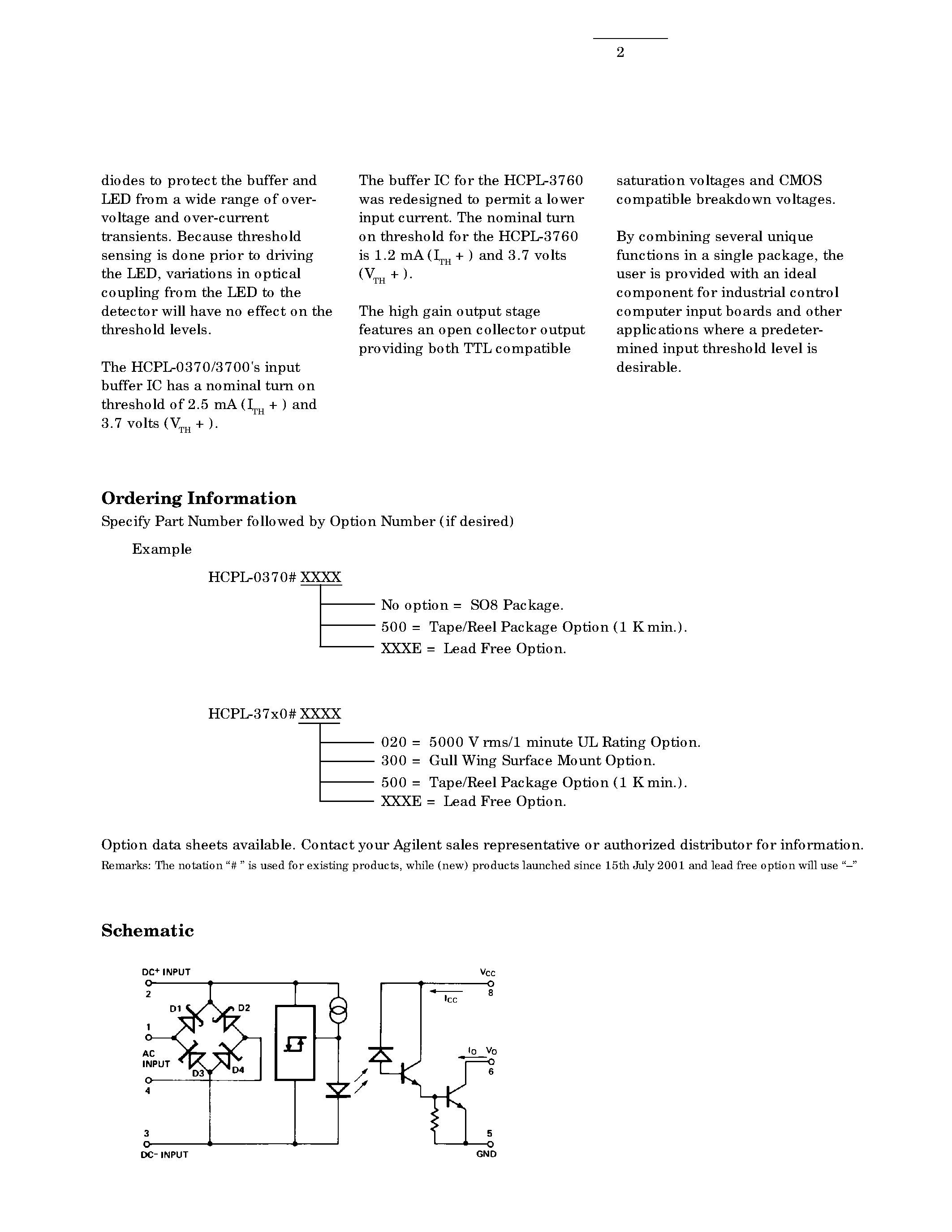 Даташит HCPL-0370 - (HCPL-xxx0) AC/DC to Logic Interface Optocouplers страница 2
