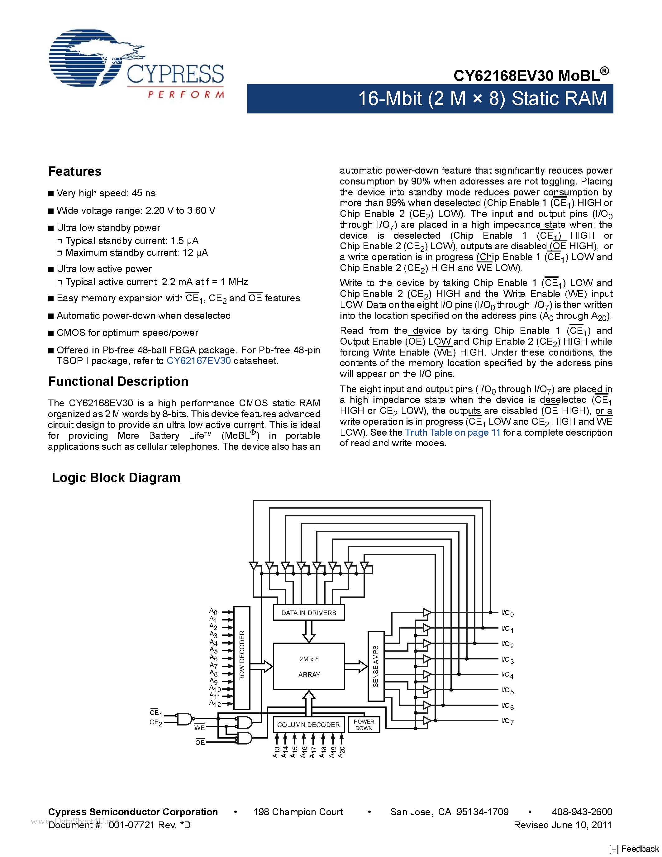 Datasheet CY62168EV30 page 1 Datasheet CY62168EV30 - 16-Mbit (2 M x 8) Static RAM page 1