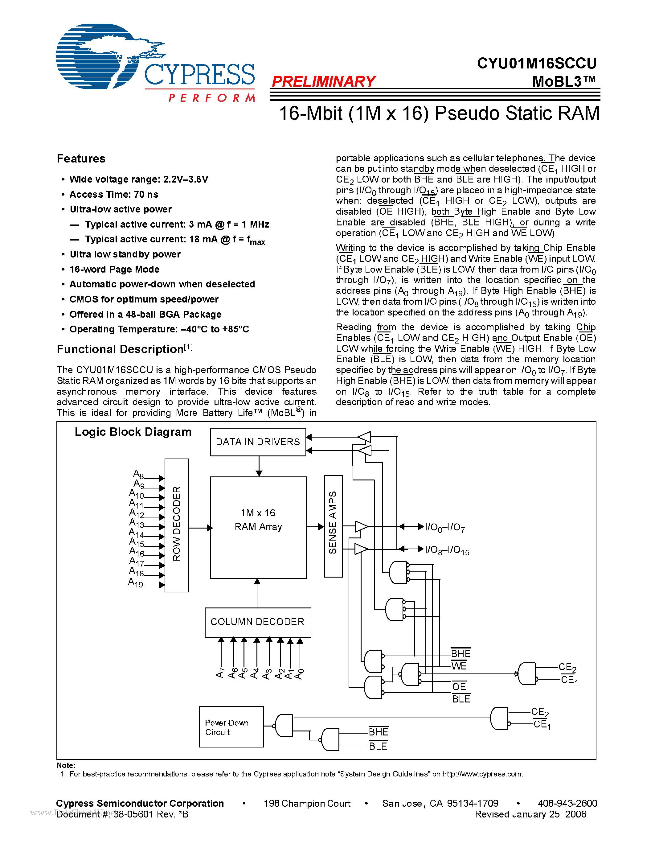 Даташит CYU01M16SCCU - 16-Mbit (1M x 16) Pseudo Static RAM страница 1