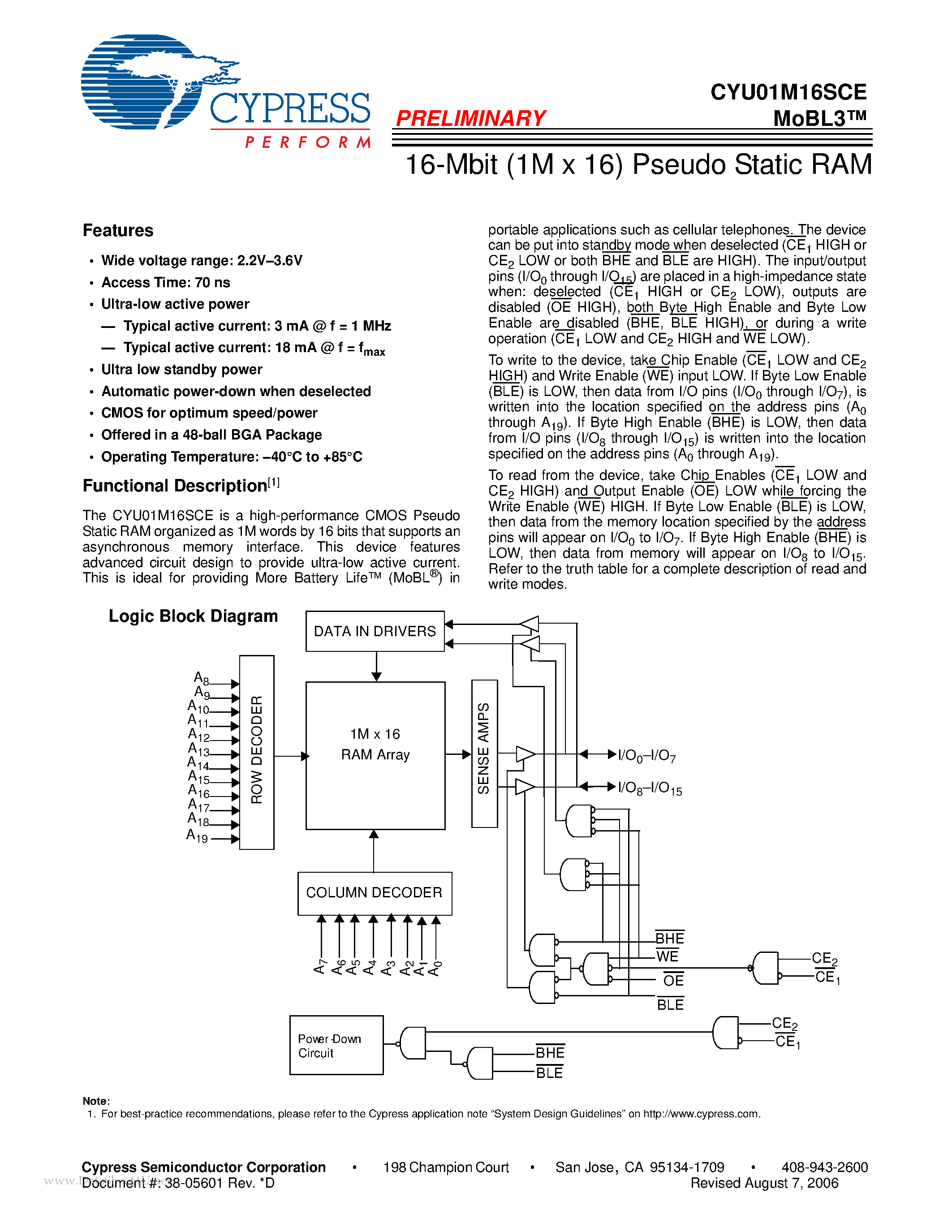 Даташит на микросхему CYU01M16SCE страница 1 Даташит CYU01M16SCE - 16-Mbit (1M x 16) Pseudo Static RAM страница 1