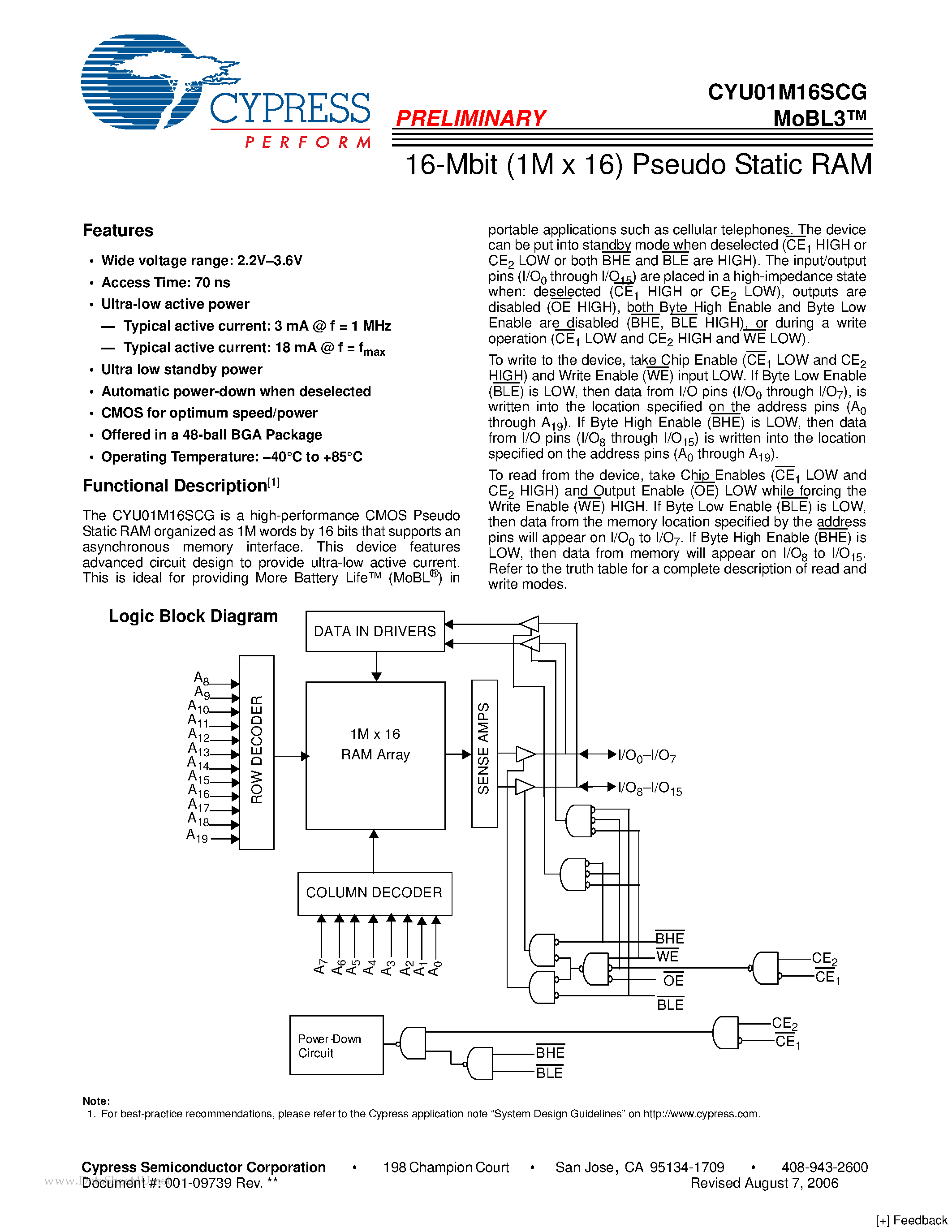 Даташит на микросхему CYU01M16SCG страница 1 Даташит CYU01M16SCG - 16-Mbit (1M x 16) Pseudo Static RAM страница 1