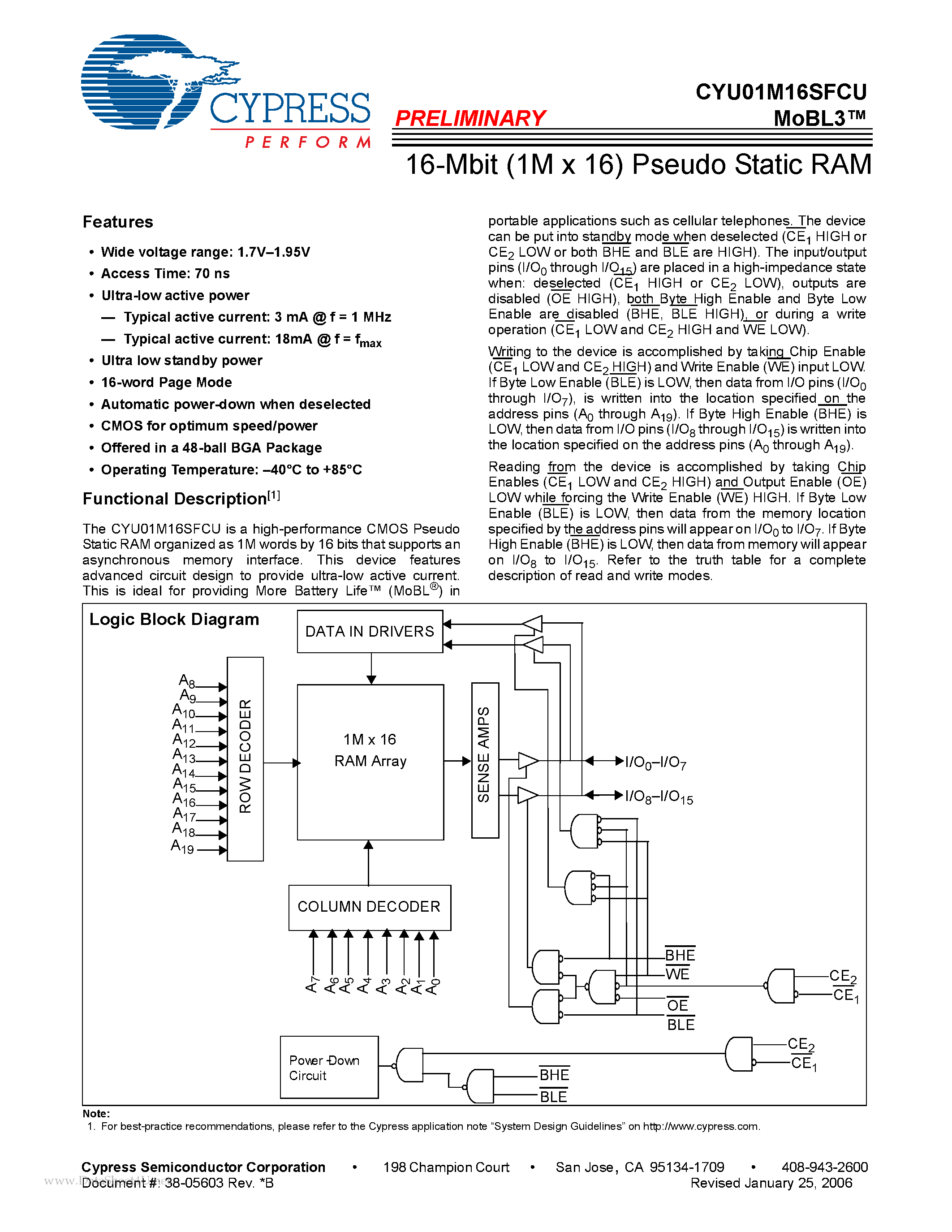 Даташит CYU01M16SFCU - 16-Mbit (1M x 16) Pseudo Static RAM страница 1