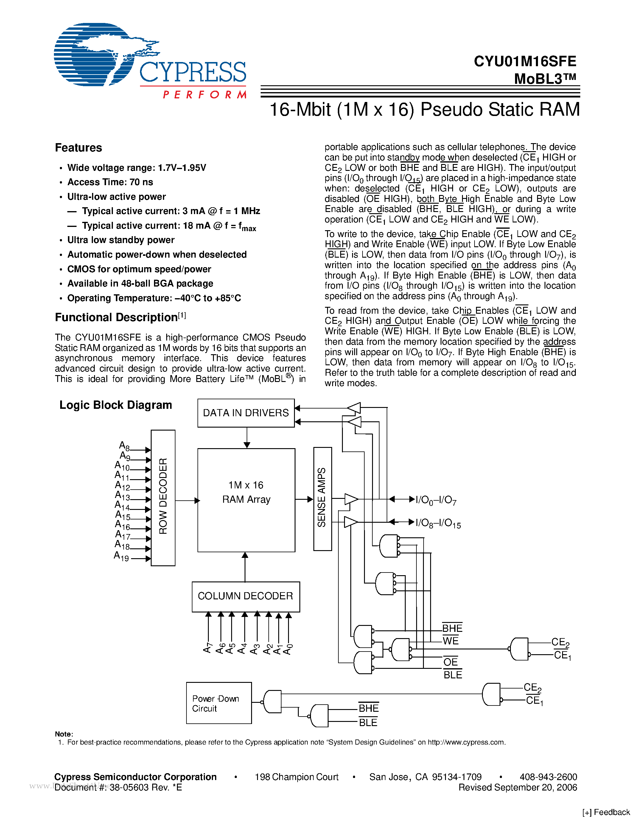 Даташит на микросхему CYU01M16SFE страница 1 Даташит CYU01M16SFE - 16-Mbit (1M x 16) Pseudo Static RAM страница 1