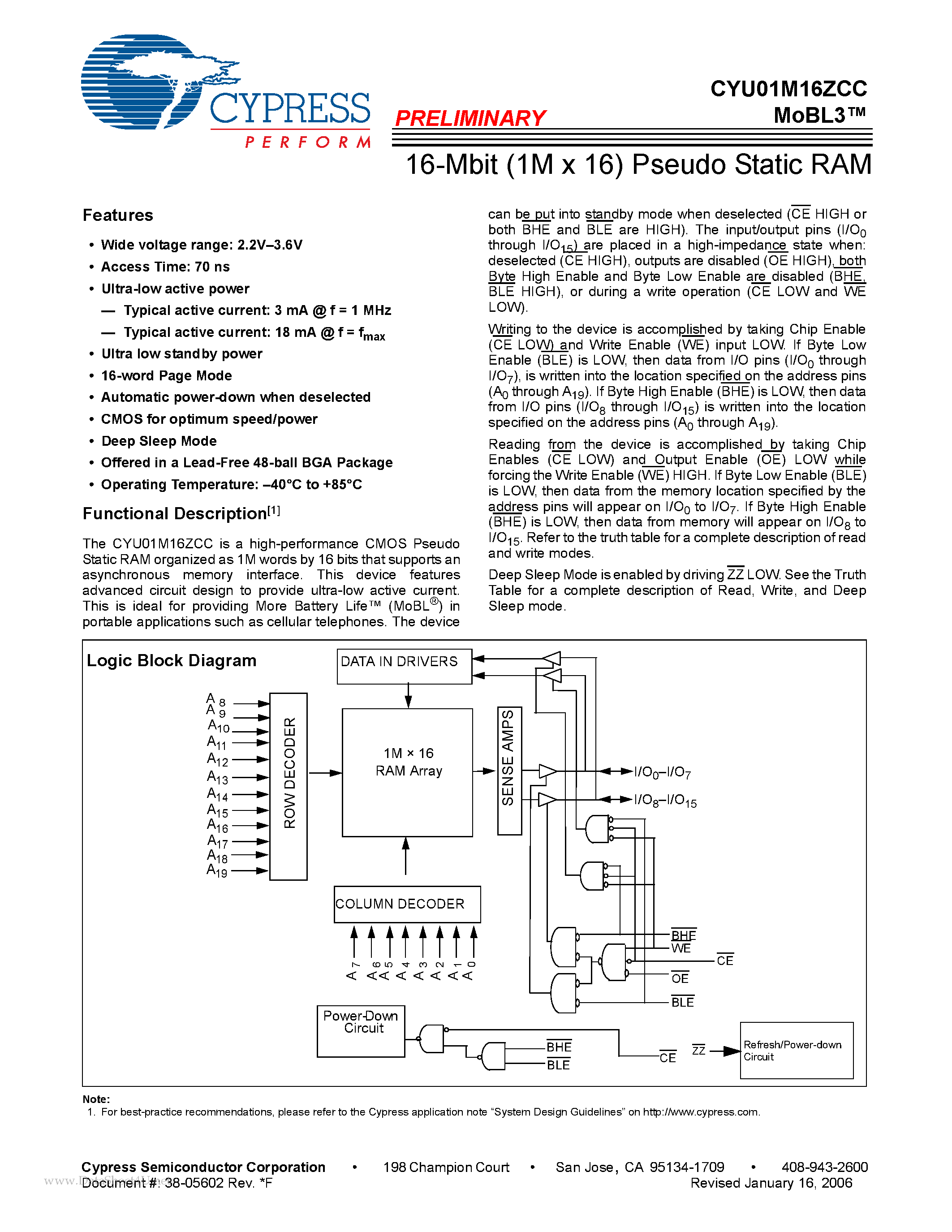 Даташит CYU01M16ZCC - 16-Mbit (1M x 16) Pseudo Static RAM страница 1