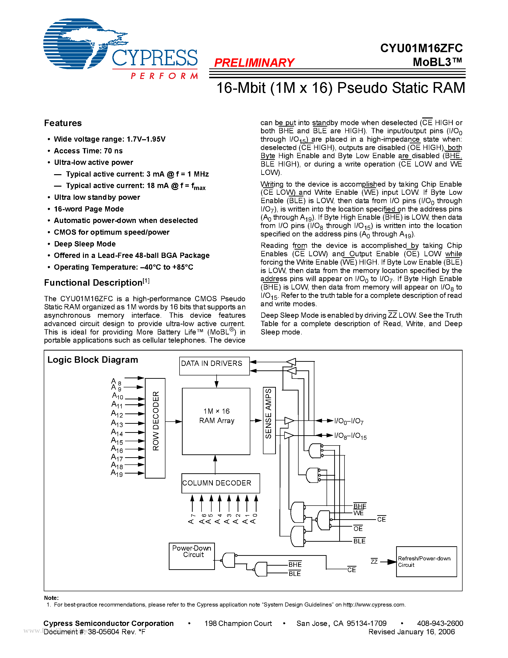 Даташит на микросхему CYU01M16ZFC страница 1 Даташит CYU01M16ZFC - 16-Mbit (1M x 16) Pseudo Static RAM страница 1