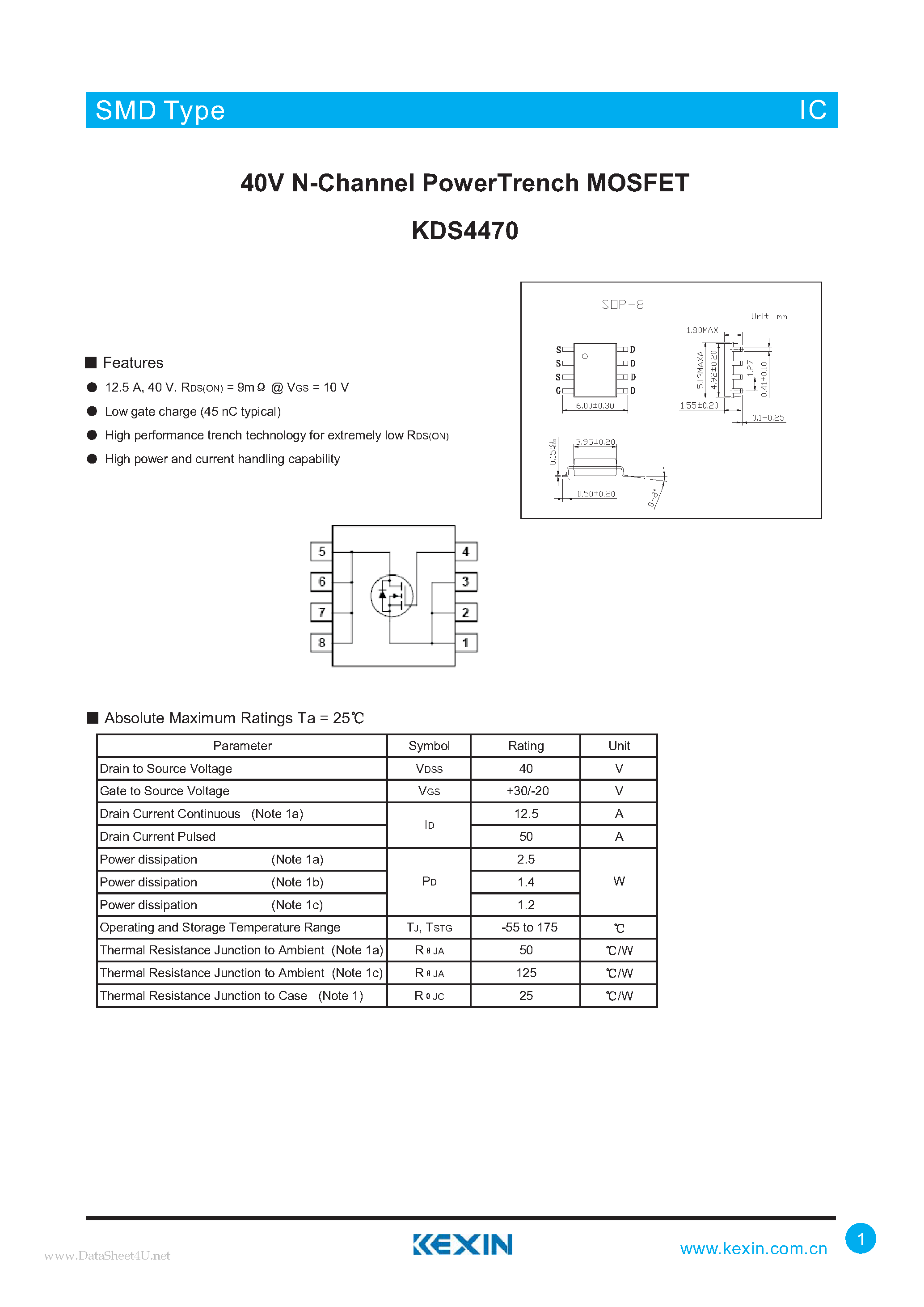 Datasheet KDS4470 - 40V N-Channel PowerTrench MOSFET page 1
