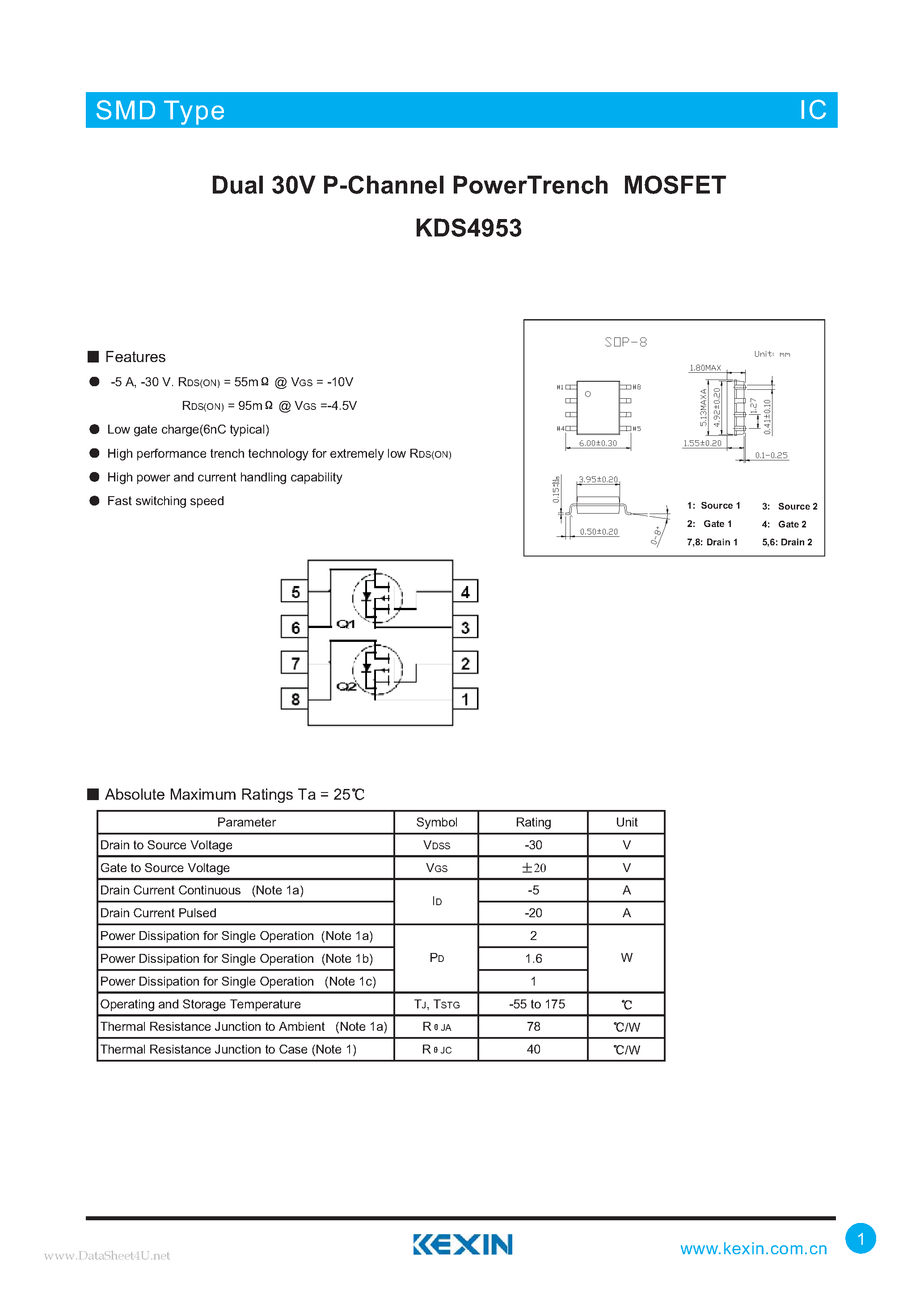 Datasheet KDS4953 - Dual 30V P-Channel PowerTrench MOSFET page 1
