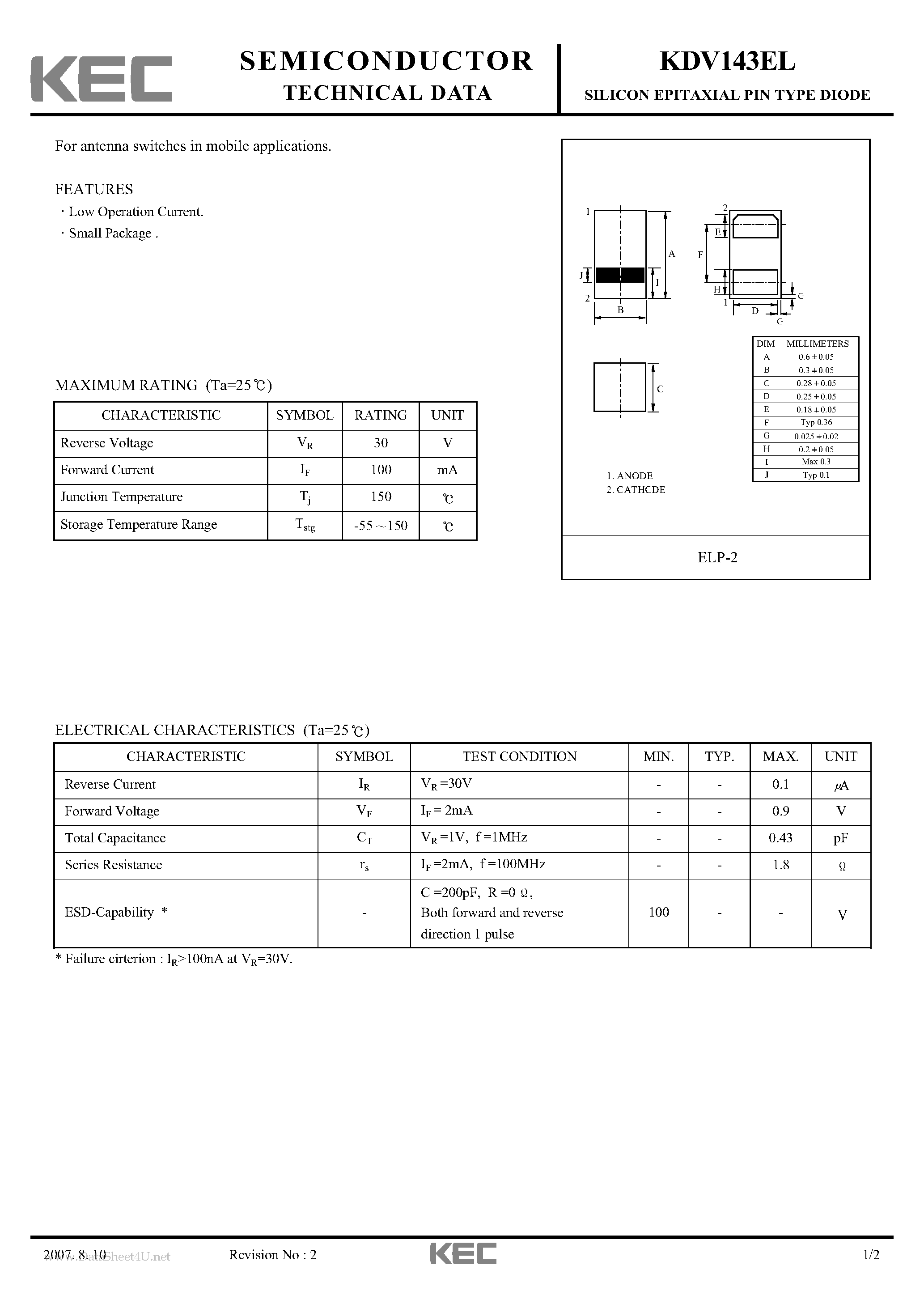 Datasheet KDV143EL - SILICON EPITAXIAL PIN TYPE DIODE page 1