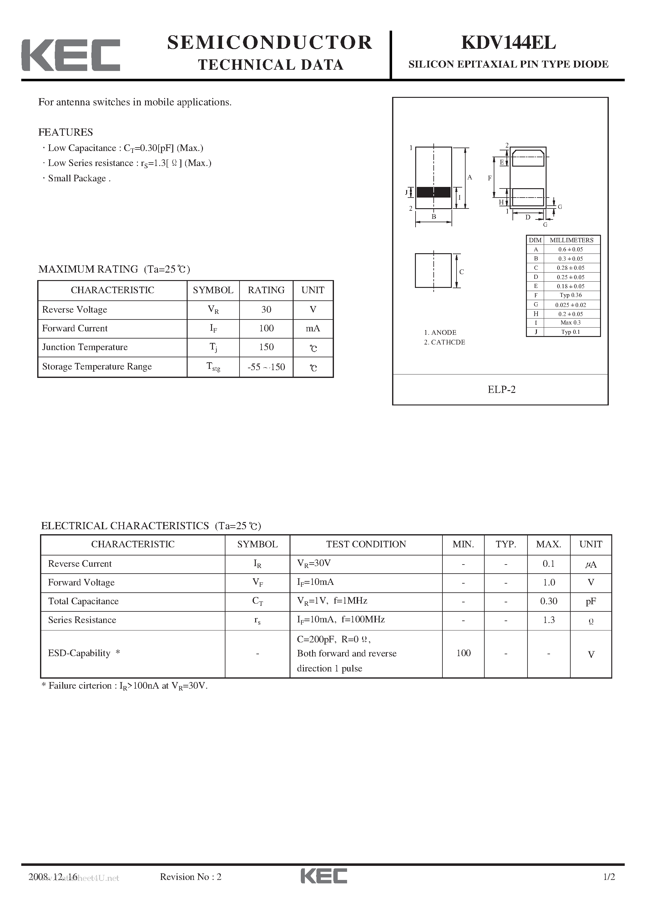 Datasheet KDV144EL - SILICON EPITAXIAL PIN TYPE DIODE page 1