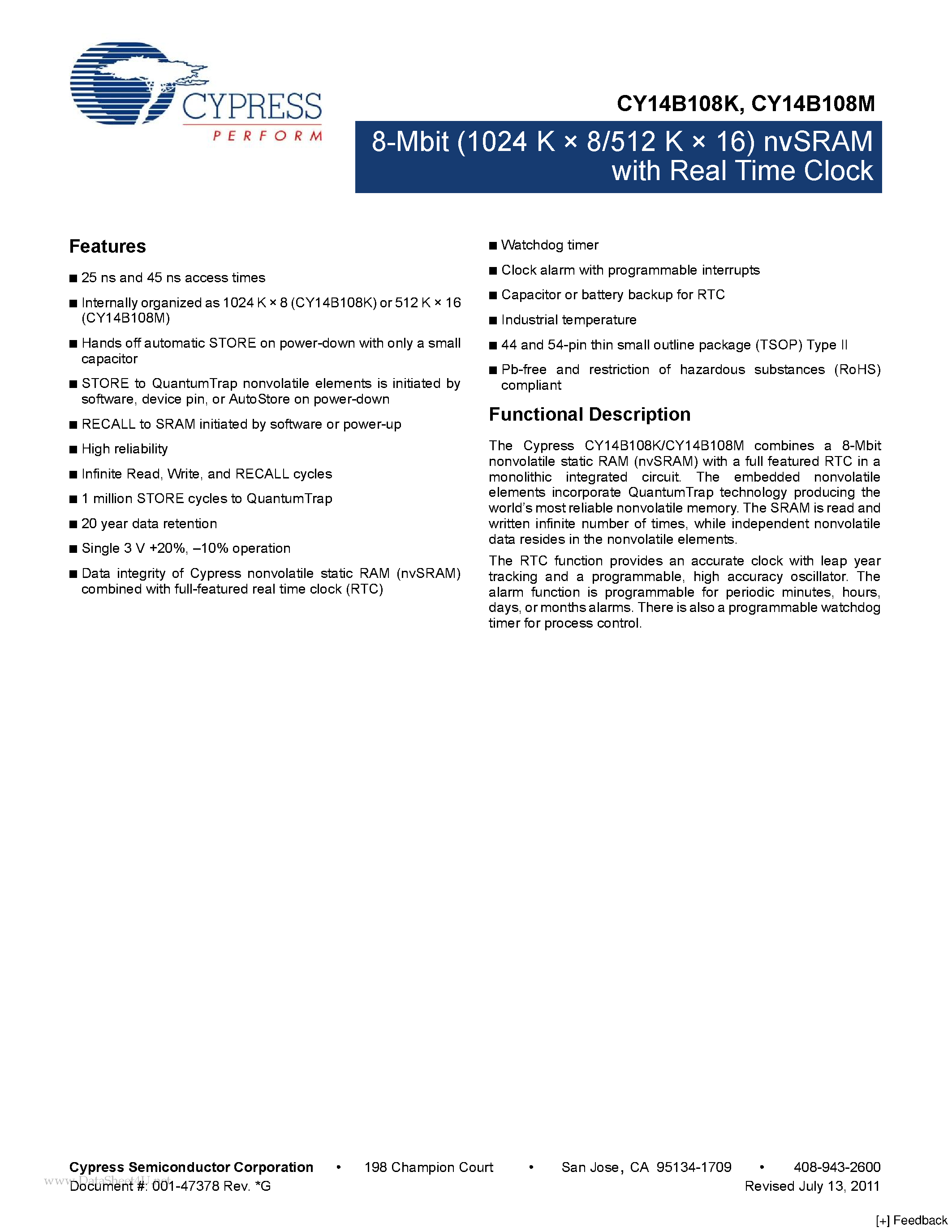 Даташит CY14B108K - 8-Mbit (1024 K x 8/512 K x 16) nvSRAM страница 1