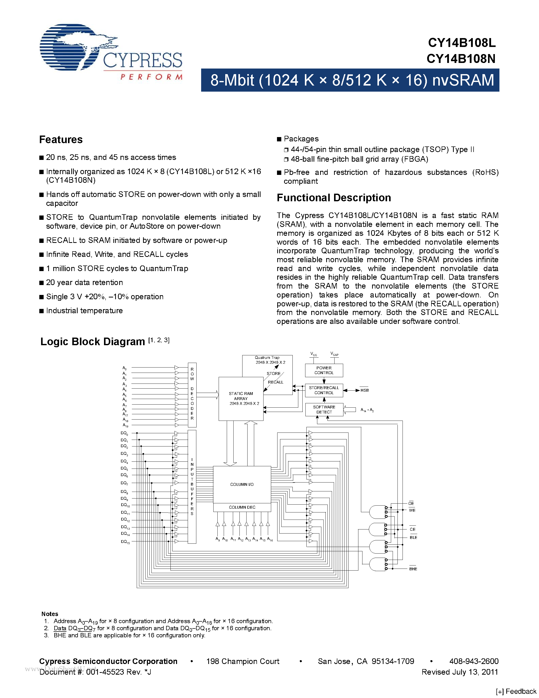 Даташит CY14B108L - 8-Mbit (1024 K x 8/512 K x 16) nvSRAM страница 1