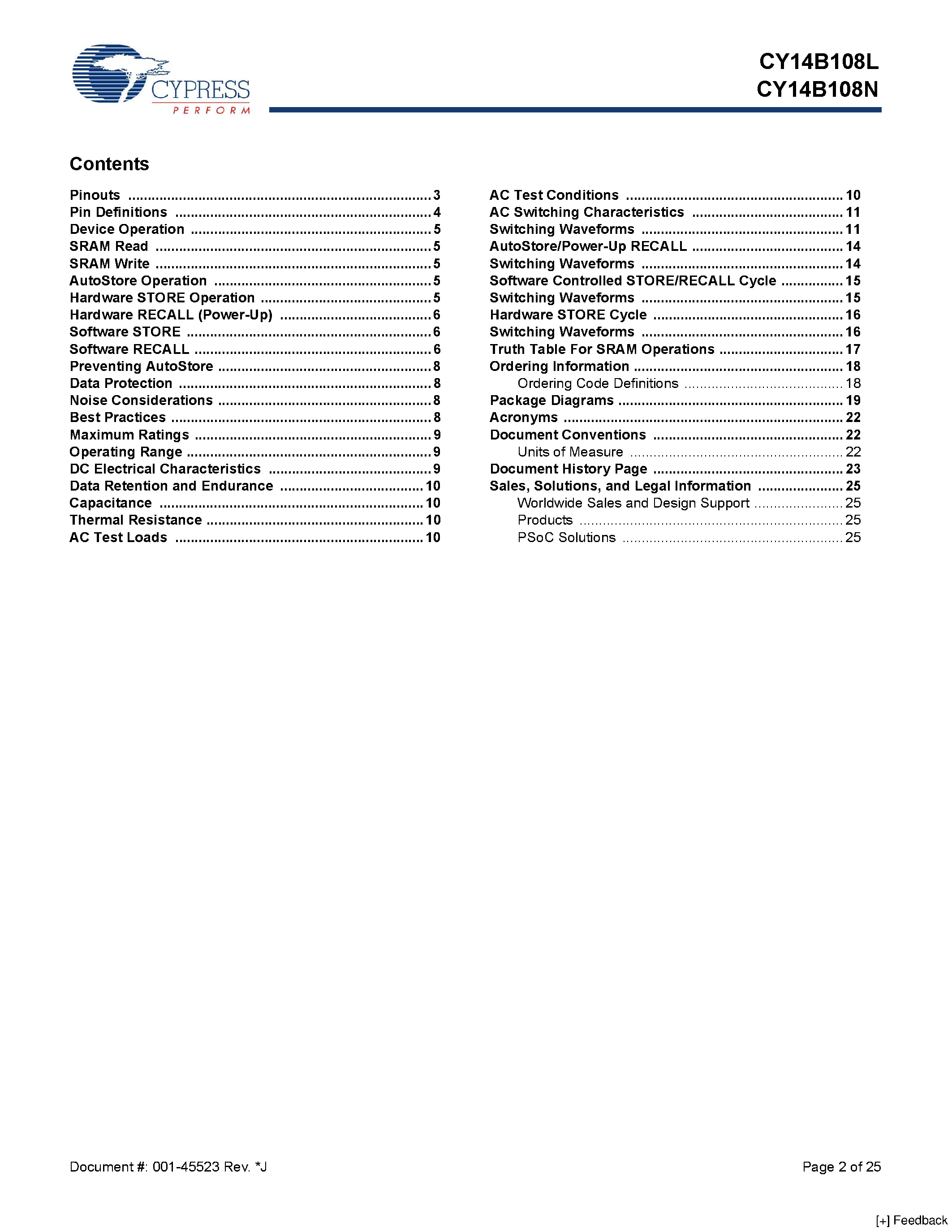 Даташит CY14B108L - 8-Mbit (1024 K x 8/512 K x 16) nvSRAM страница 2