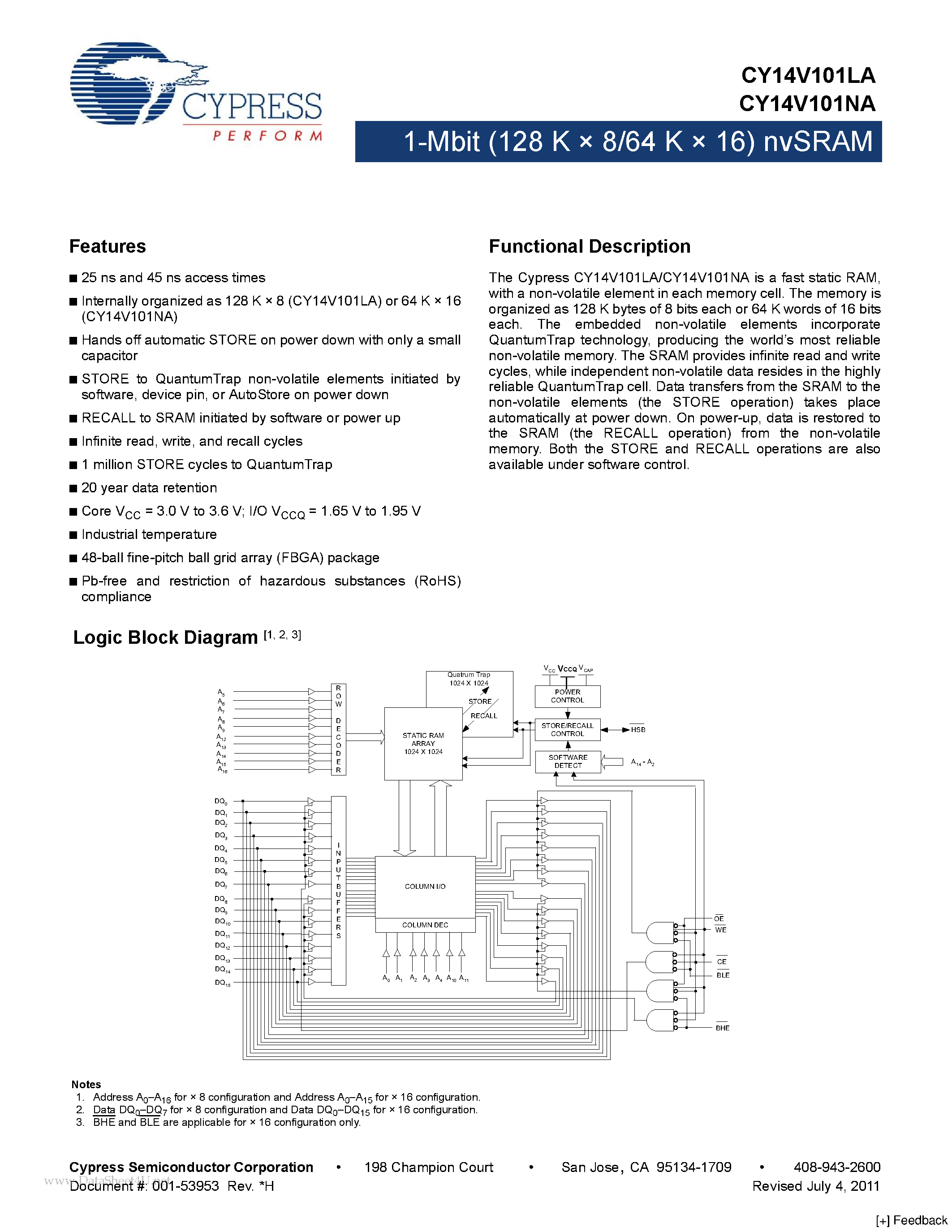 Даташит CY14V101LA - 1-Mbit (128 K x 8/64 K x 16) nvSRAM страница 1